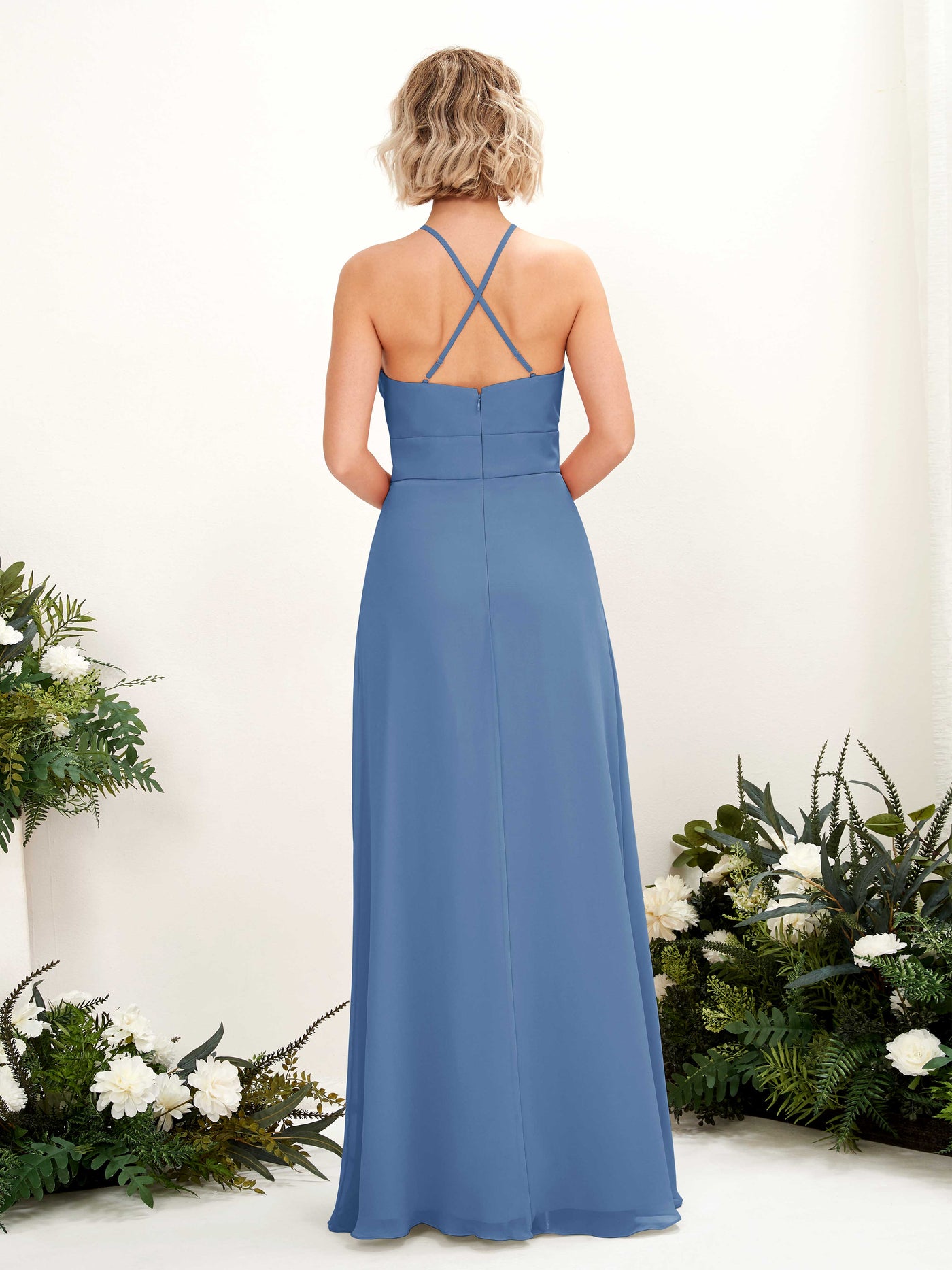 Carlyna Vestido Línea A Cuello Redondo Hasta el Suelo Bolsillos Dama de Honor Azul polvoriento #color_azul-polvoriento