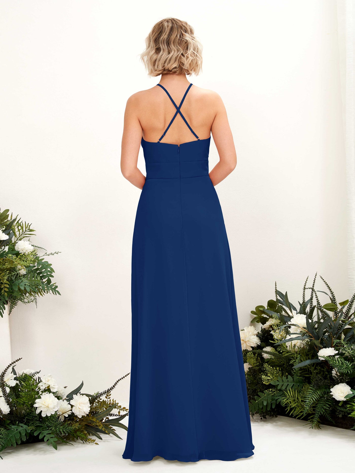 Carlyna Vestido Línea A Cuello Redondo Hasta el Suelo Bolsillos Dama de Honor Azul Real #color_azul-real