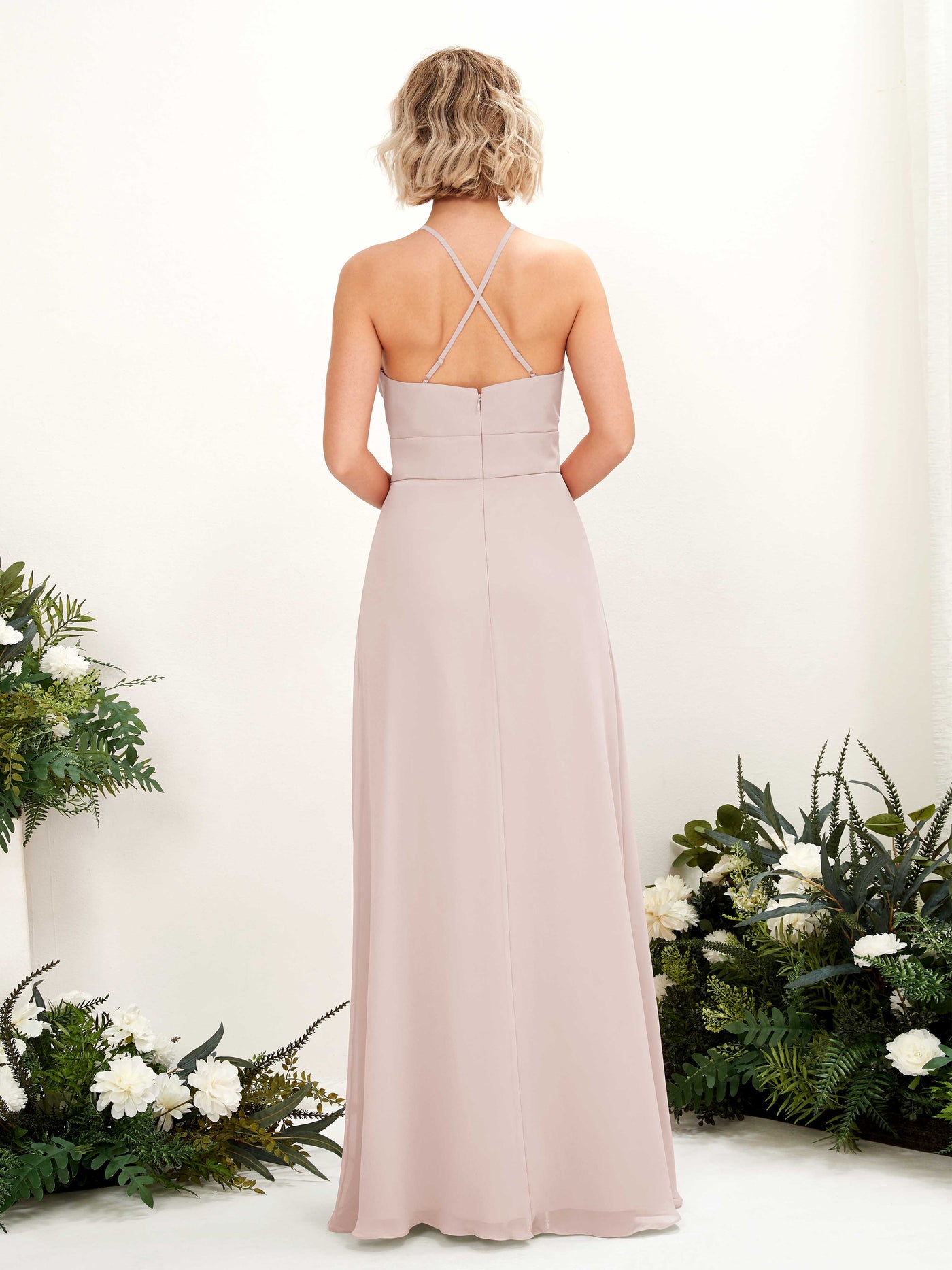 Carlyna Vestido Línea A Cuello Redondo Hasta el Suelo Bolsillos Dama de Honor Biscotti #color_biscotti