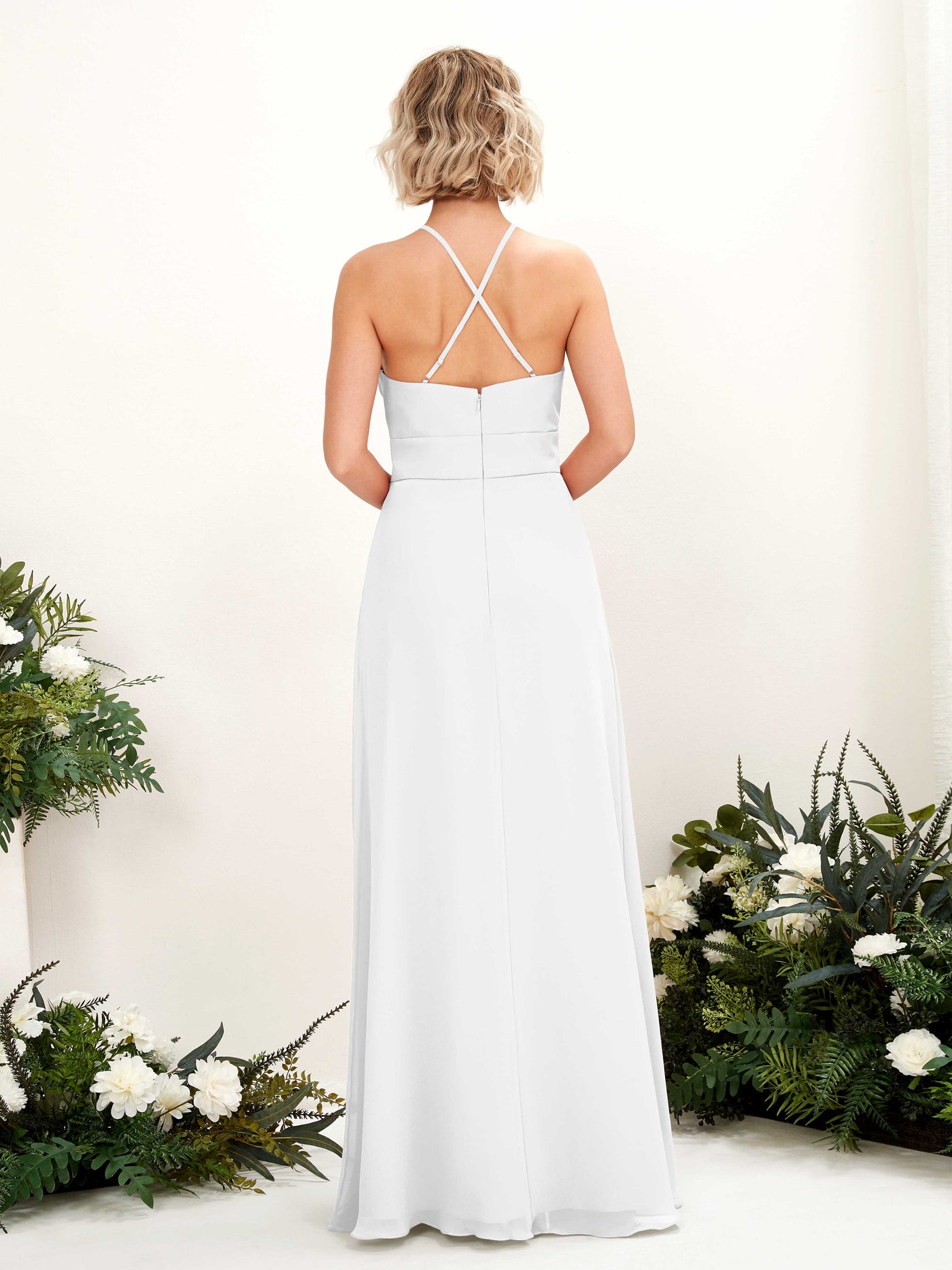 Carlyna Vestido Línea A Cuello Redondo Hasta el Suelo Bolsillos Dama de Honor Blanco #color_blanco