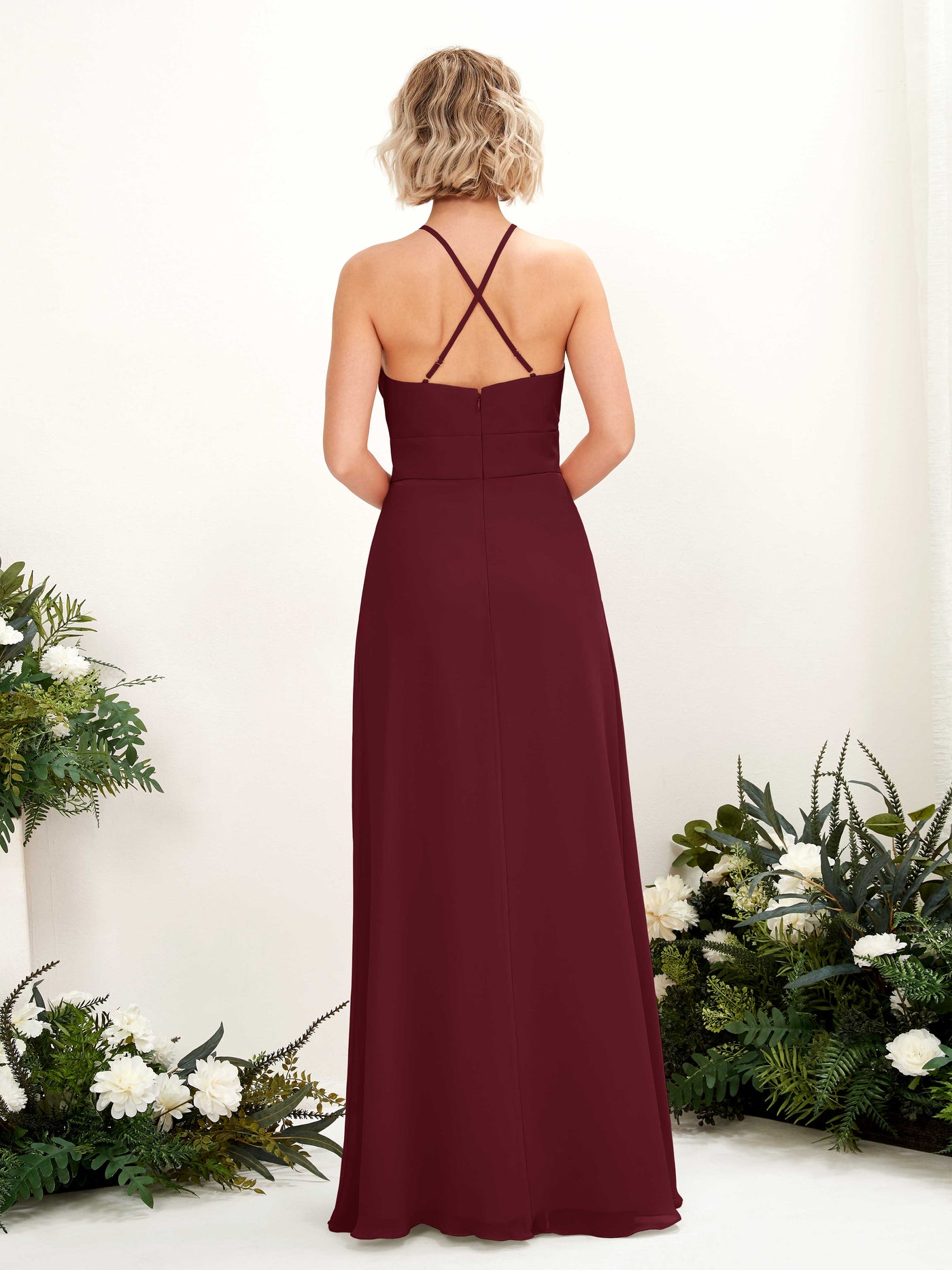 Carlyna Vestido Línea A Cuello Redondo Hasta el Suelo Bolsillos Dama de Honor Borgoña #color_borgo-a