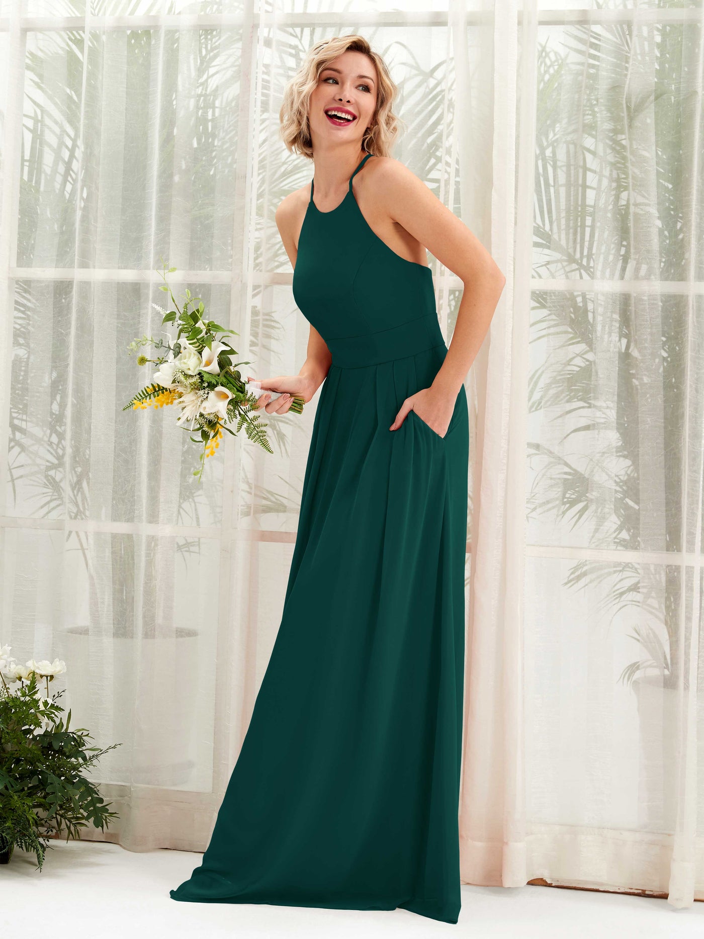 Carlyna Vestido Línea A Cuello Redondo Hasta el Suelo Bolsillos Dama de Honor Esmeralda Oscuro #color_esmeralda-oscuro