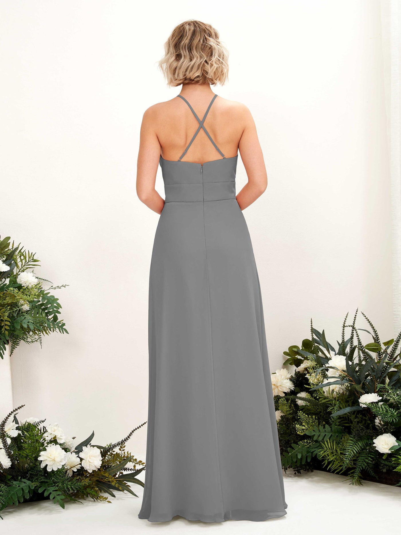 Carlyna Vestido Línea A Cuello Redondo Hasta el Suelo Bolsillos Dama de Honor Gris Acero #color_gris-acero