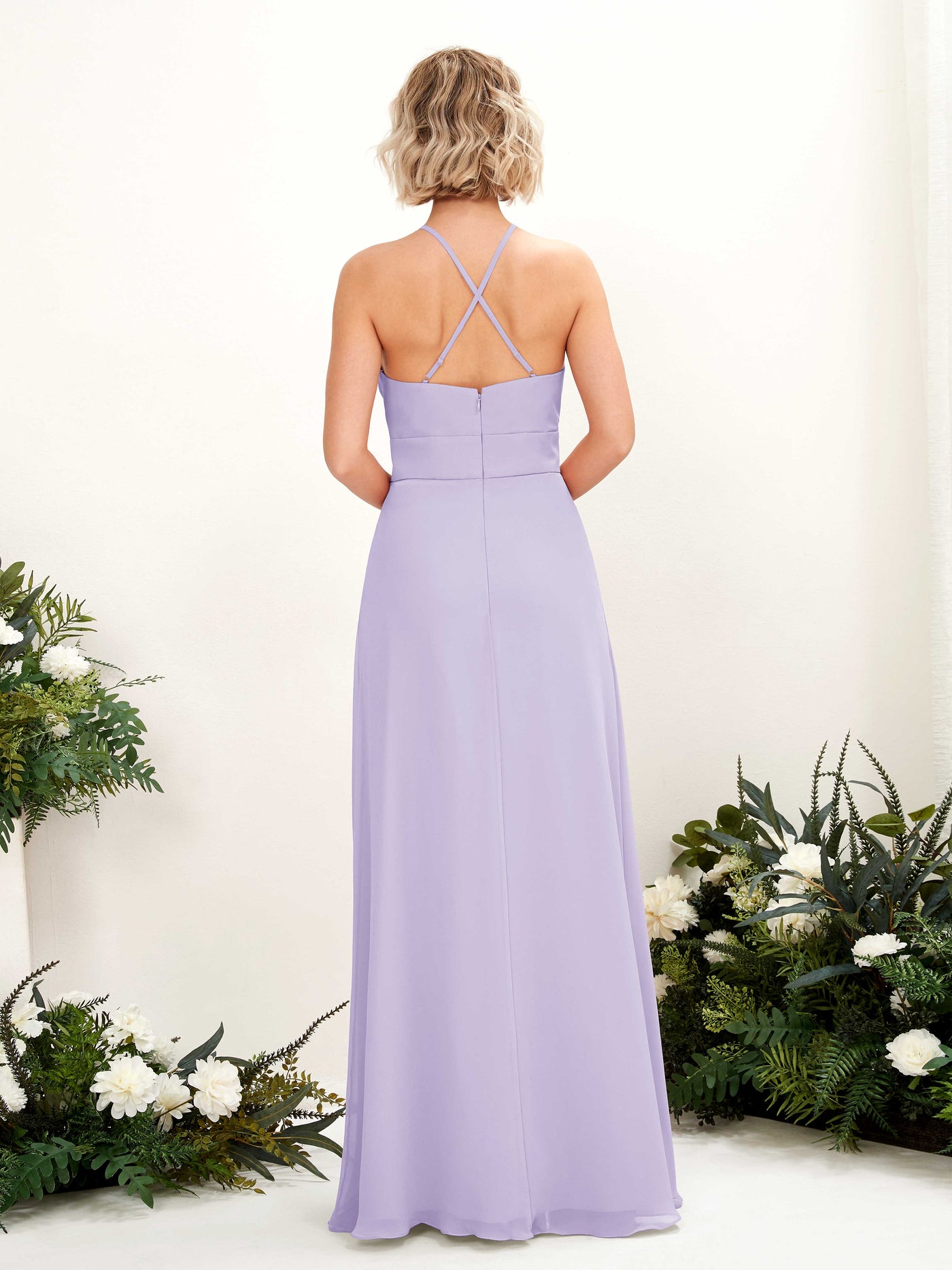 Carlyna Vestido Línea A Cuello Redondo Hasta el Suelo Bolsillos Dama de Honor Lila #color_lila