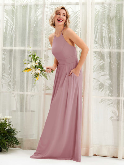 Carlyna Vestido Línea A Cuello Redondo Hasta el Suelo Bolsillos Dama de Honor Malva Clásico #color_malva-cl-sico