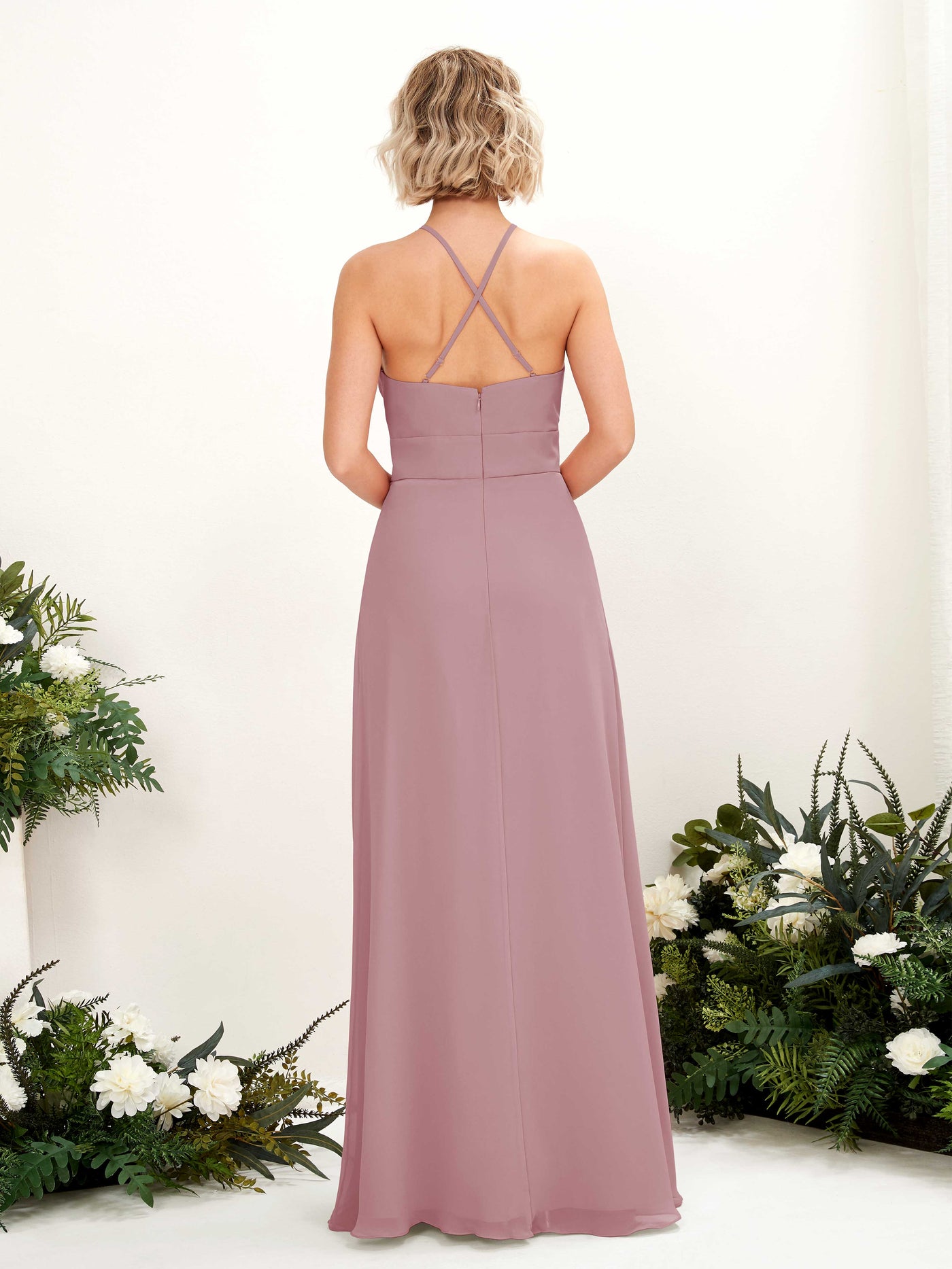 Carlyna Vestido Línea A Cuello Redondo Hasta el Suelo Bolsillos Dama de Honor Malva Clásico #color_malva-cl-sico