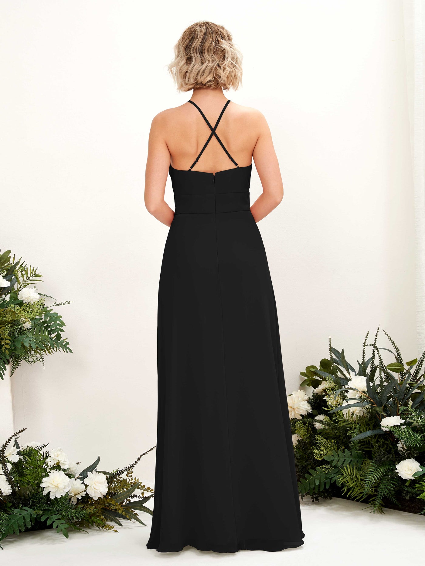 Carlyna Vestido Línea A Cuello Redondo Hasta el Suelo Bolsillos Dama de Honor Negro #color_negro