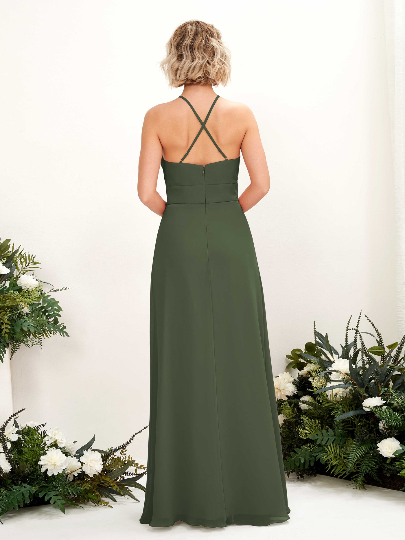 Carlyna Vestido Línea A Cuello Redondo Hasta el Suelo Bolsillos Dama de Honor Oliva Martini #color_oliva-martini