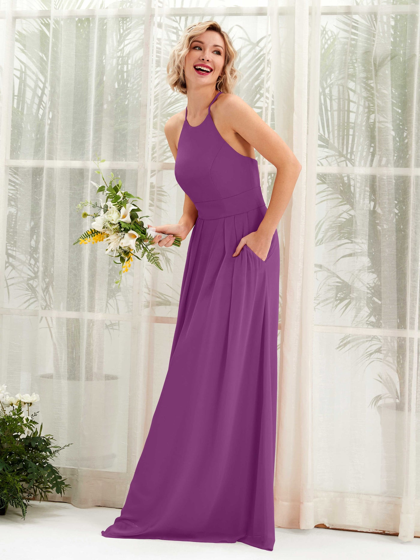 Carlyna Vestido Línea A Cuello Redondo Hasta el Suelo Bolsillos Dama de Honor Púrpura #color_p-rpura