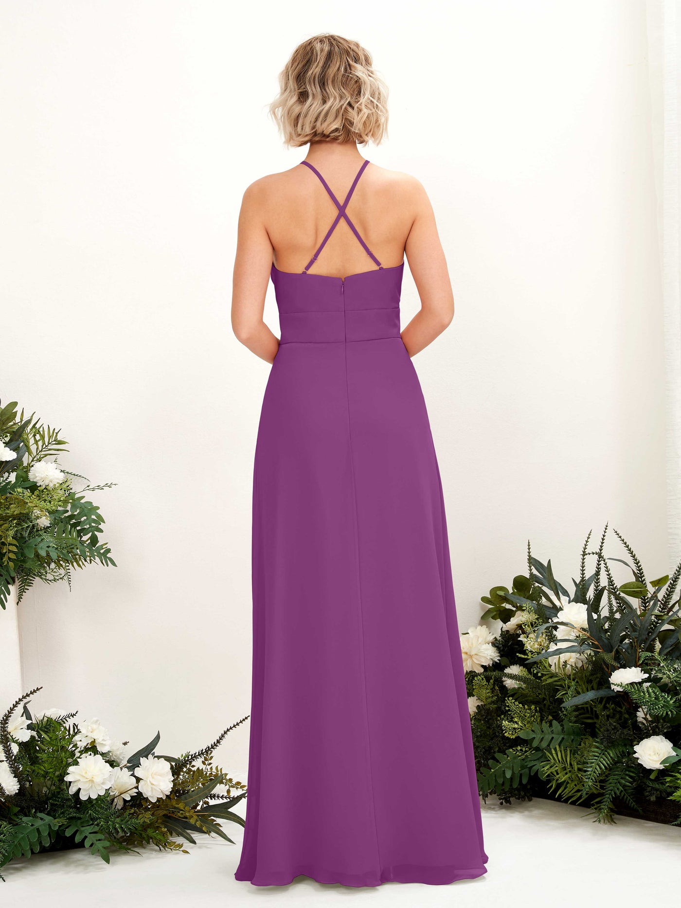 Carlyna Vestido Línea A Cuello Redondo Hasta el Suelo Bolsillos Dama de Honor Púrpura #color_p-rpura