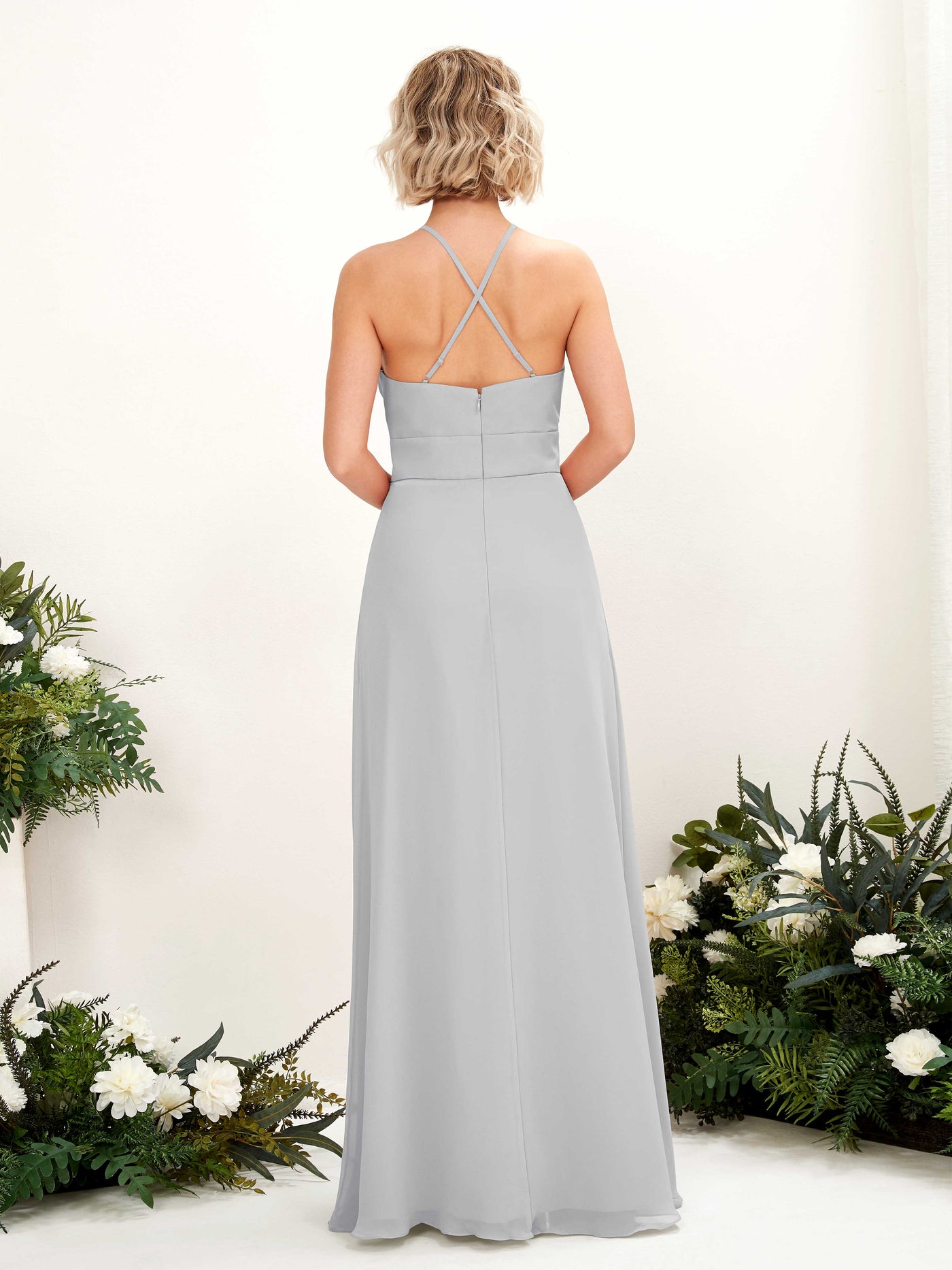 Carlyna Vestido Línea A Cuello Redondo Hasta el Suelo Bolsillos Dama de Honor Plata #color_plata