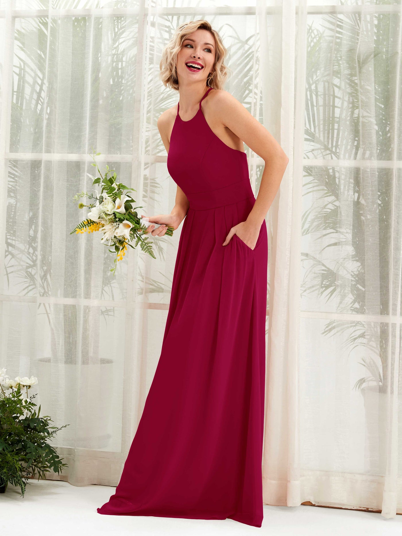 Carlyna Vestido Línea A Cuello Redondo Hasta el Suelo Bolsillos Dama de Honor Rojo Bufón #color_rojo-buf-n