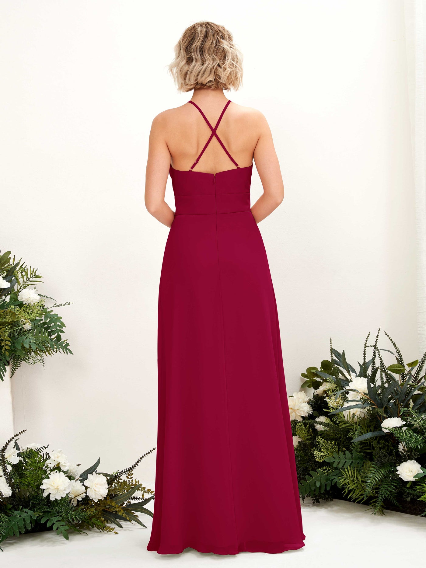 Carlyna Vestido Línea A Cuello Redondo Hasta el Suelo Bolsillos Dama de Honor Rojo Bufón #color_rojo-buf-n