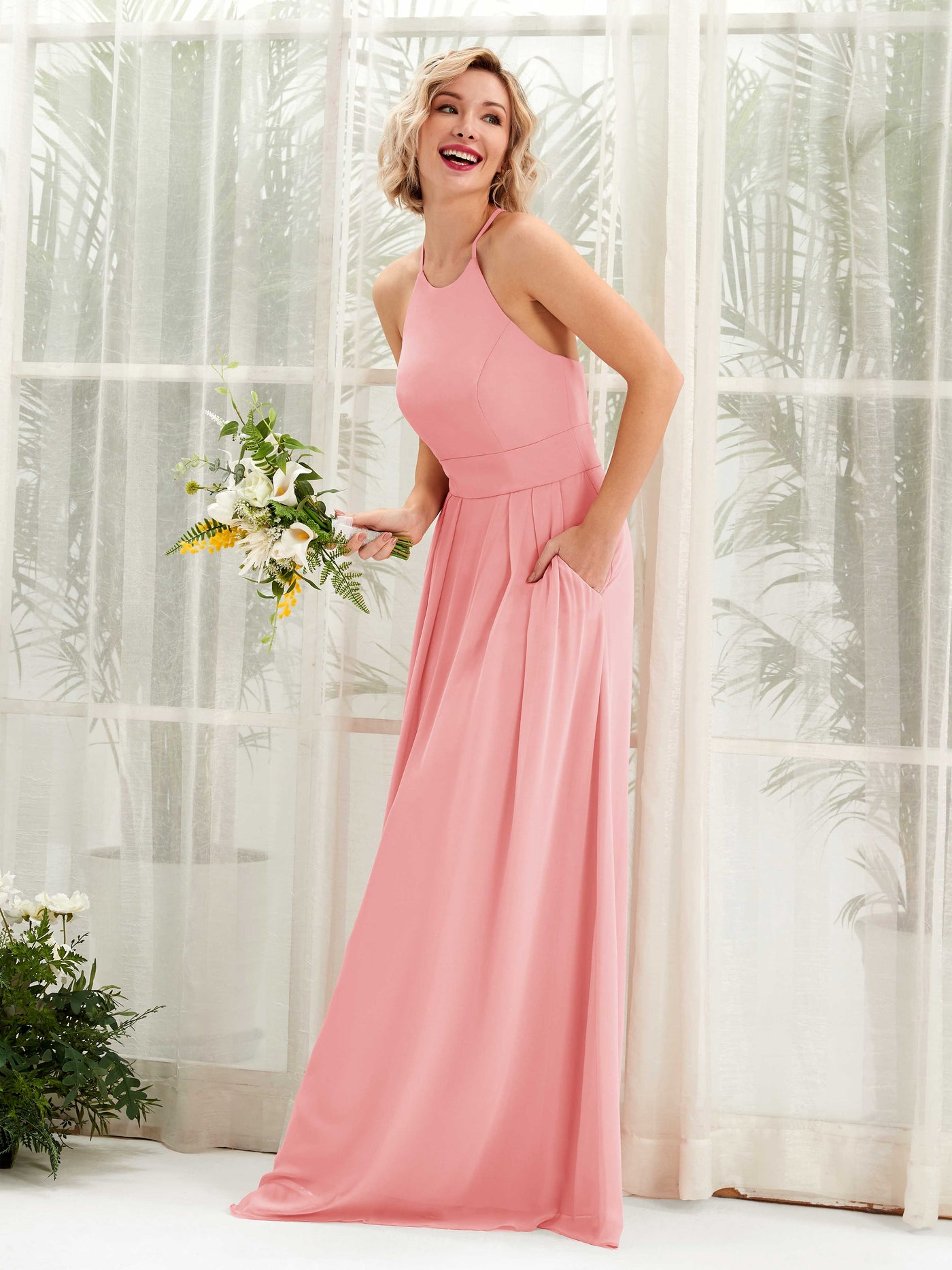 Carlyna Vestido Línea A Cuello Redondo Hasta el Suelo Bolsillos Dama de Honor Rosa Ballet #color_rosa-ballet