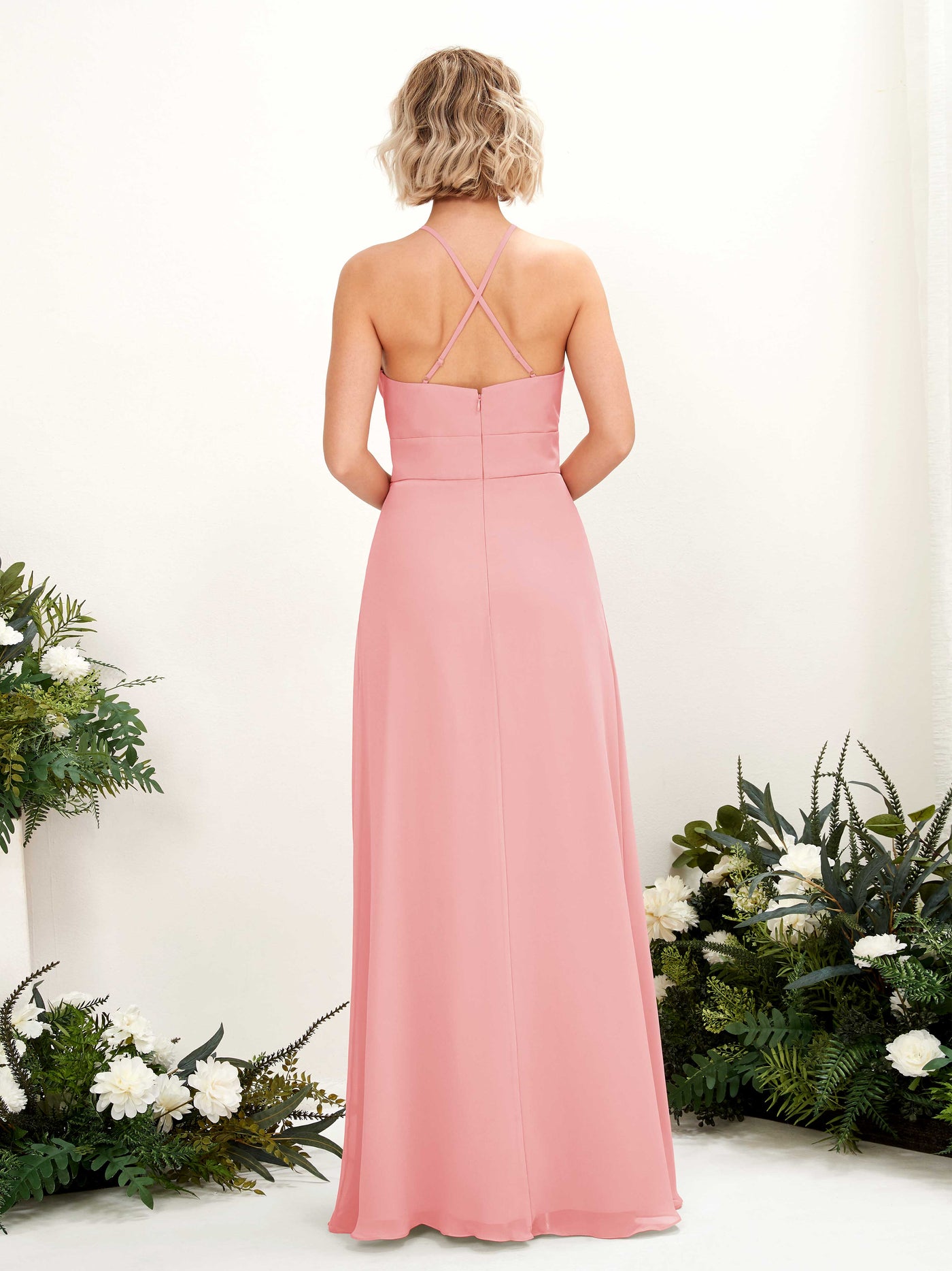 Carlyna Vestido Línea A Cuello Redondo Hasta el Suelo Bolsillos Dama de Honor Rosa Ballet #color_rosa-ballet