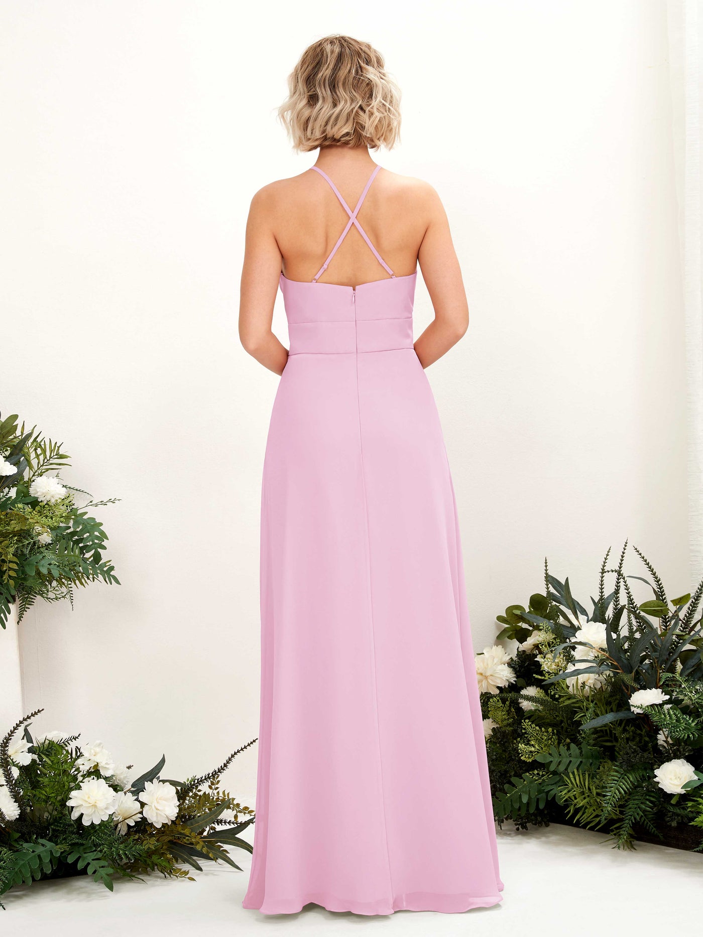 Carlyna Vestido Línea A Cuello Redondo Hasta el Suelo Bolsillos Dama de Honor Rosa Caramelo #color_rosa-caramelo