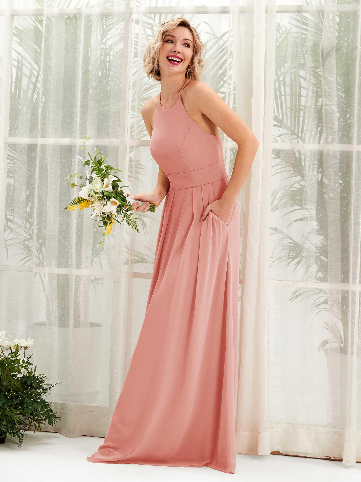 Carlyna Vestido Línea A Cuello Redondo Hasta el Suelo Bolsillos Dama de Honor Rosa Champán #color_rosa-champ-n