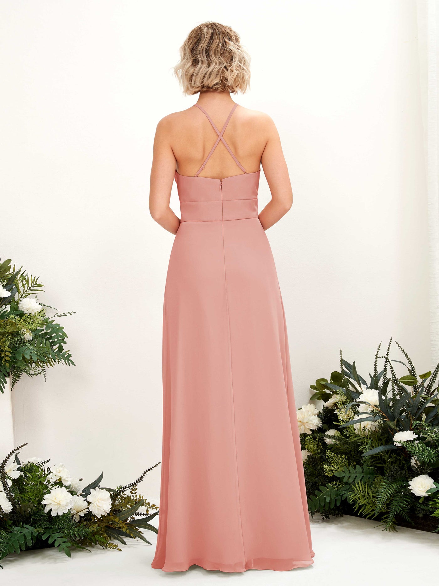 Carlyna Vestido Línea A Cuello Redondo Hasta el Suelo Bolsillos Dama de Honor Rosa Champán #color_rosa-champ-n