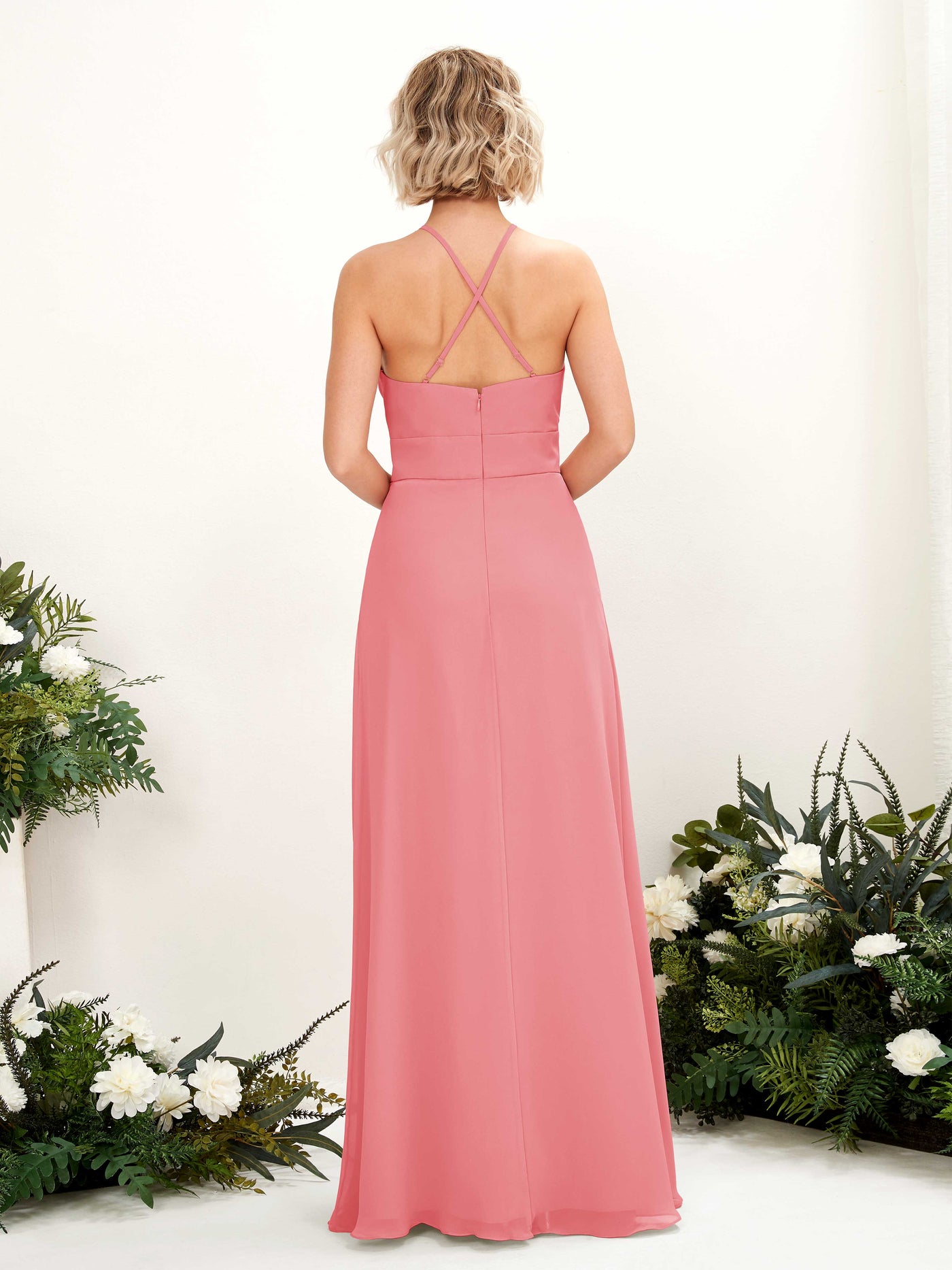 Carlyna Vestido Línea A Cuello Redondo Hasta el Suelo Bolsillos Dama de Honor Rosa Coral #color_rosa-coral