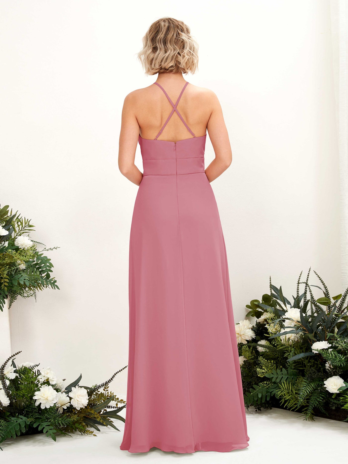 Carlyna Vestido Línea A Cuello Redondo Hasta el Suelo Bolsillos Dama de Honor Rosa Del Desierto #color_rosa-del-desierto