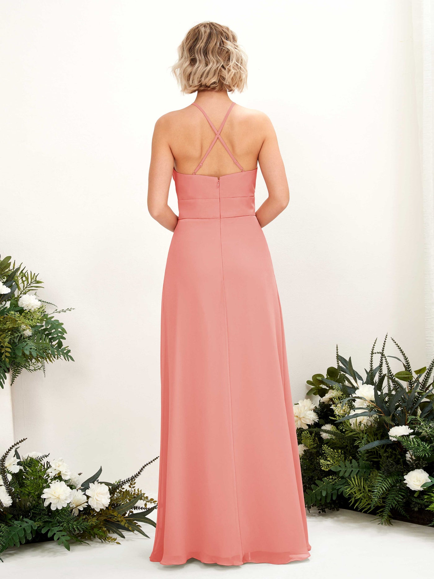 Carlyna Vestido Línea A Cuello Redondo Hasta el Suelo Bolsillos Dama de Honor Rosa Melocotón #color_rosa-melocot-n
