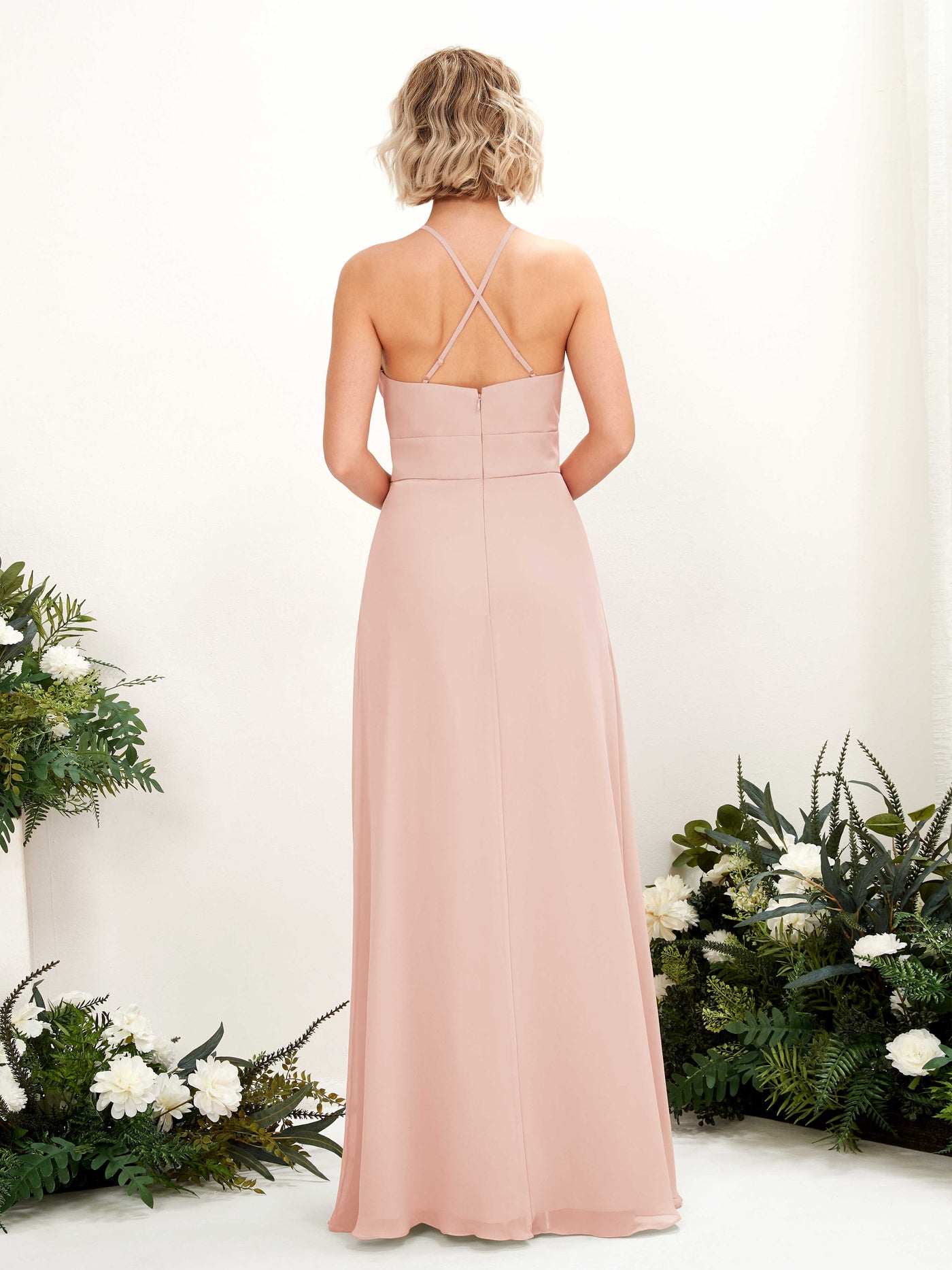 Carlyna Vestido Línea A Cuello Redondo Hasta el Suelo Bolsillos Dama de Honor Rosa Perla #color_rosa-perla