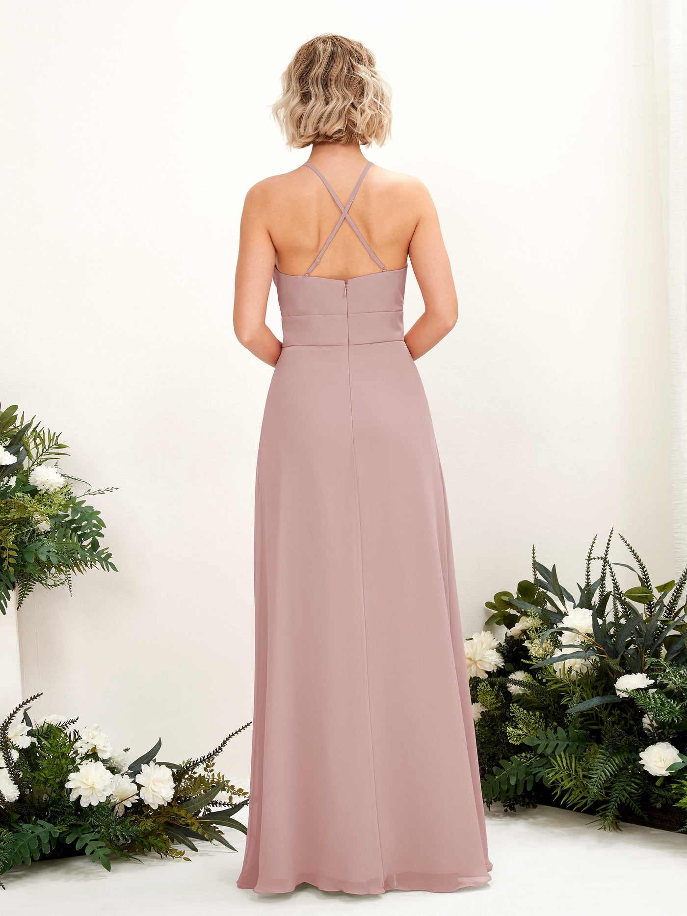 Carlyna Vestido Línea A Cuello Redondo Hasta el Suelo Bolsillos Dama de Honor Rosa Polvorienta #color_rosa-polvorienta