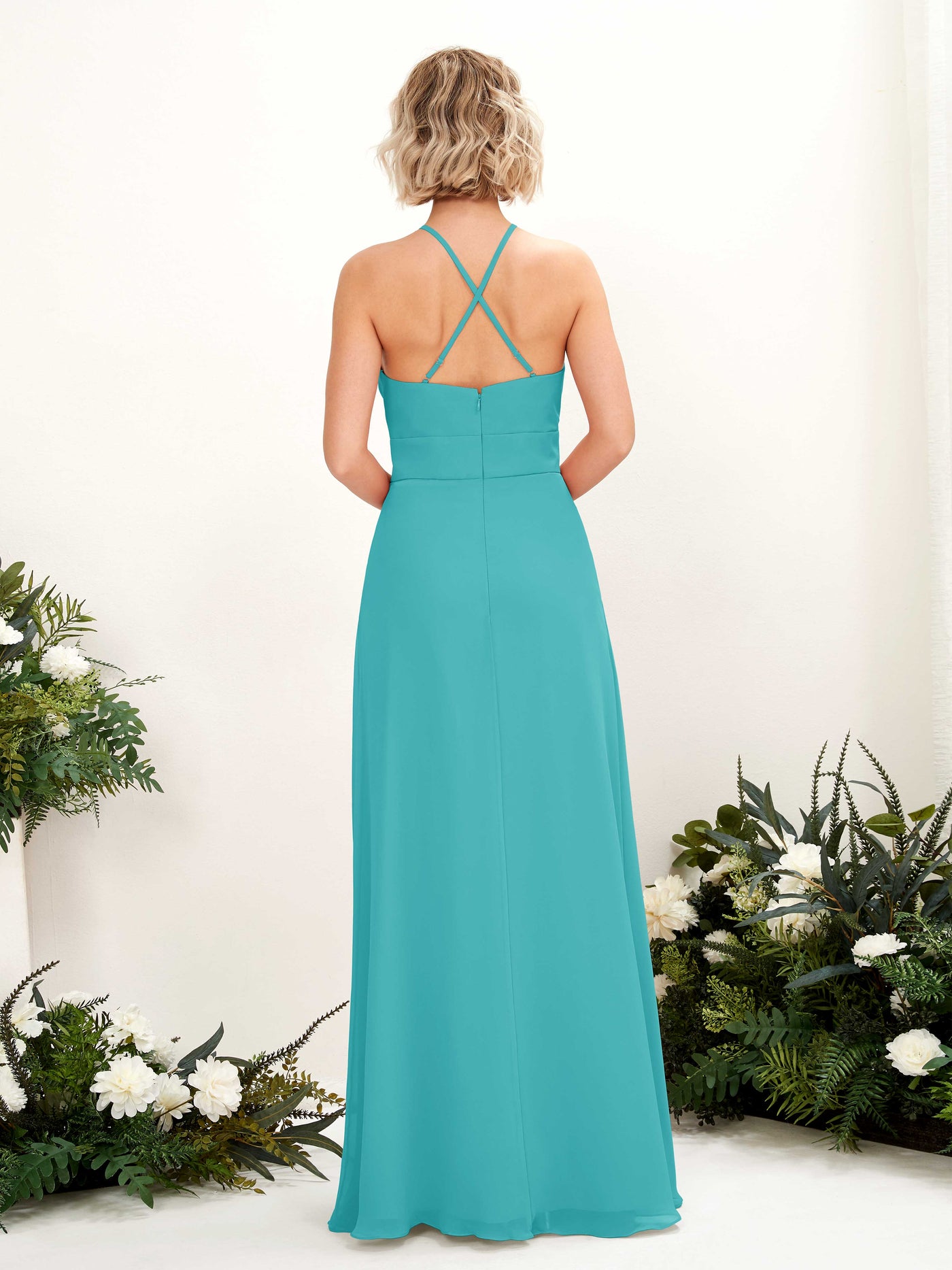 Carlyna Vestido Línea A Cuello Redondo Hasta el Suelo Bolsillos Dama de Honor Turquesa #color_turquesa