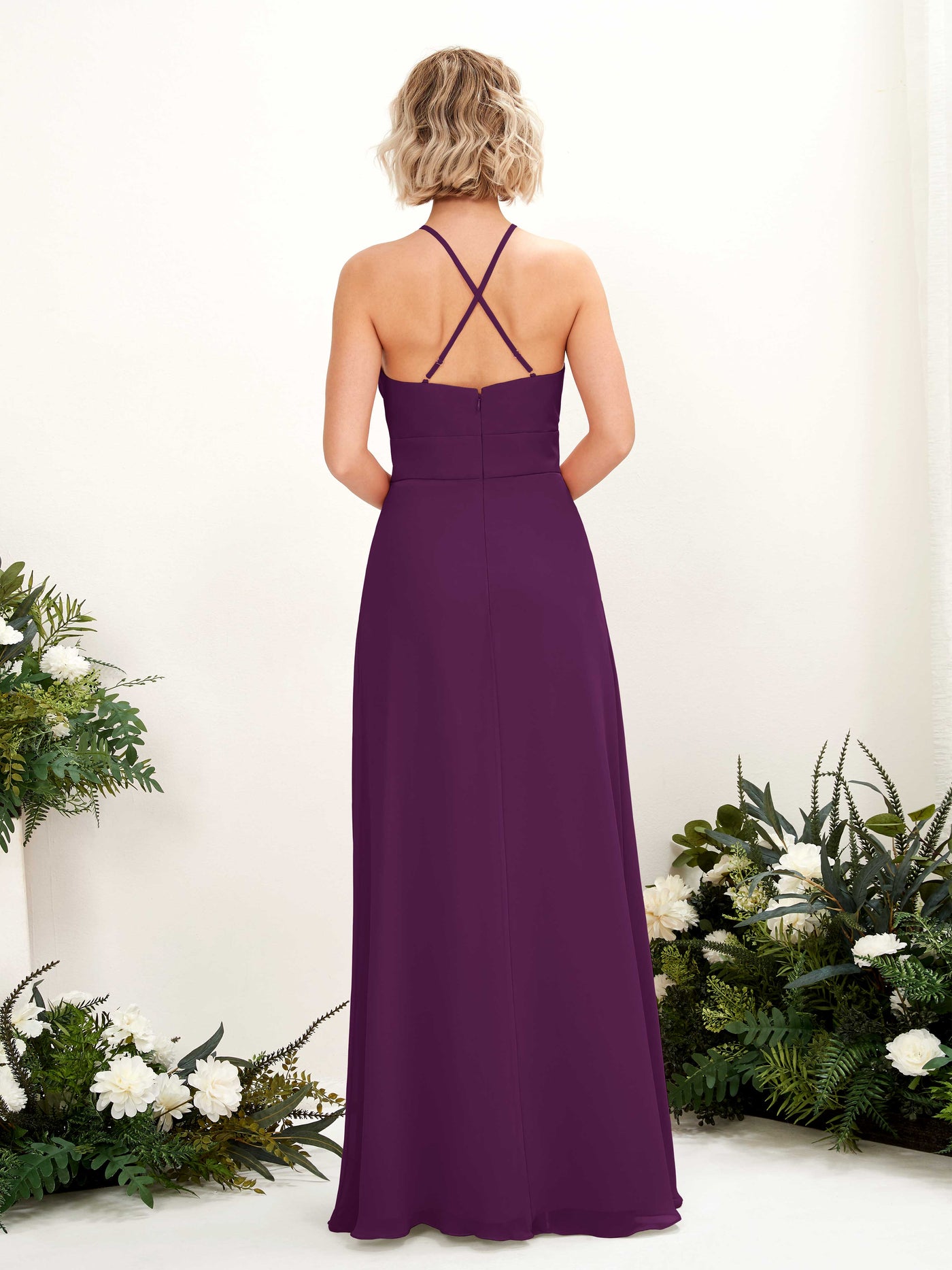 Carlyna Vestido Línea A Cuello Redondo Hasta el Suelo Bolsillos Dama de Honor Uva #color_uva
