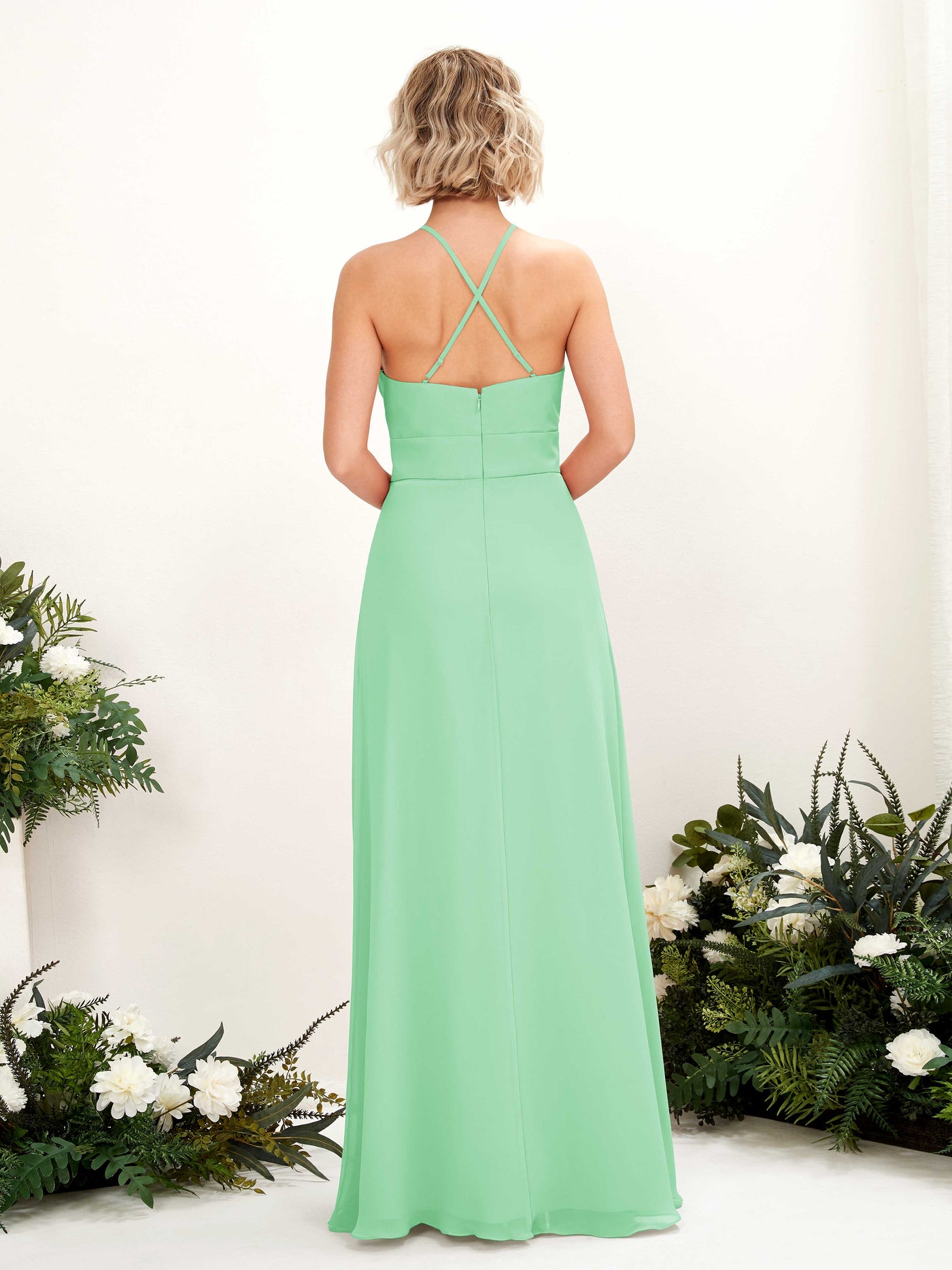 Carlyna Vestido Línea A Cuello Redondo Hasta el Suelo Bolsillos Dama de Honor Verde Menta #color_verde-menta