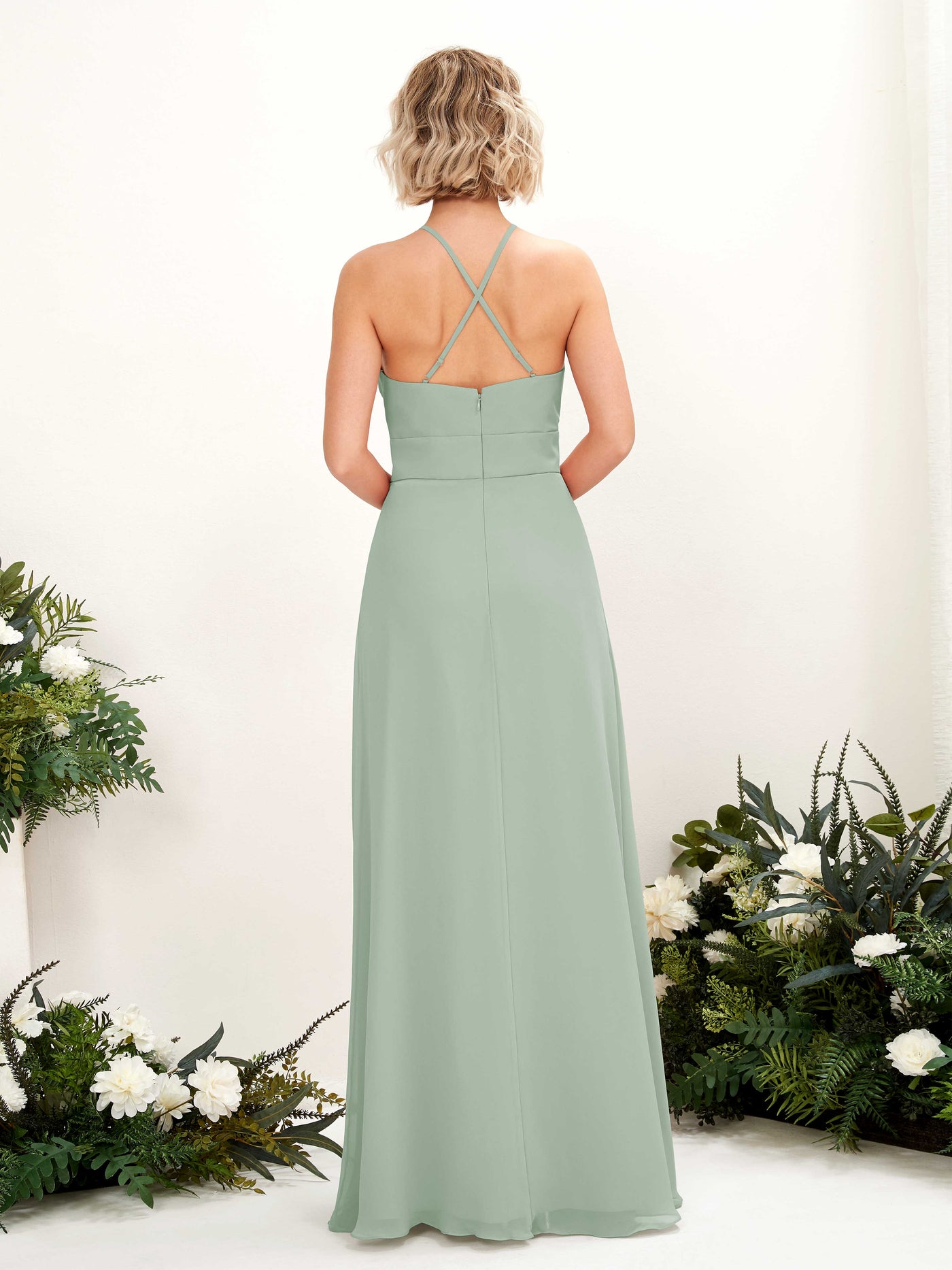Carlyna Vestido Línea A Cuello Redondo Hasta el Suelo Bolsillos Dama de Honor Verde Salvia #color_verde-salvia