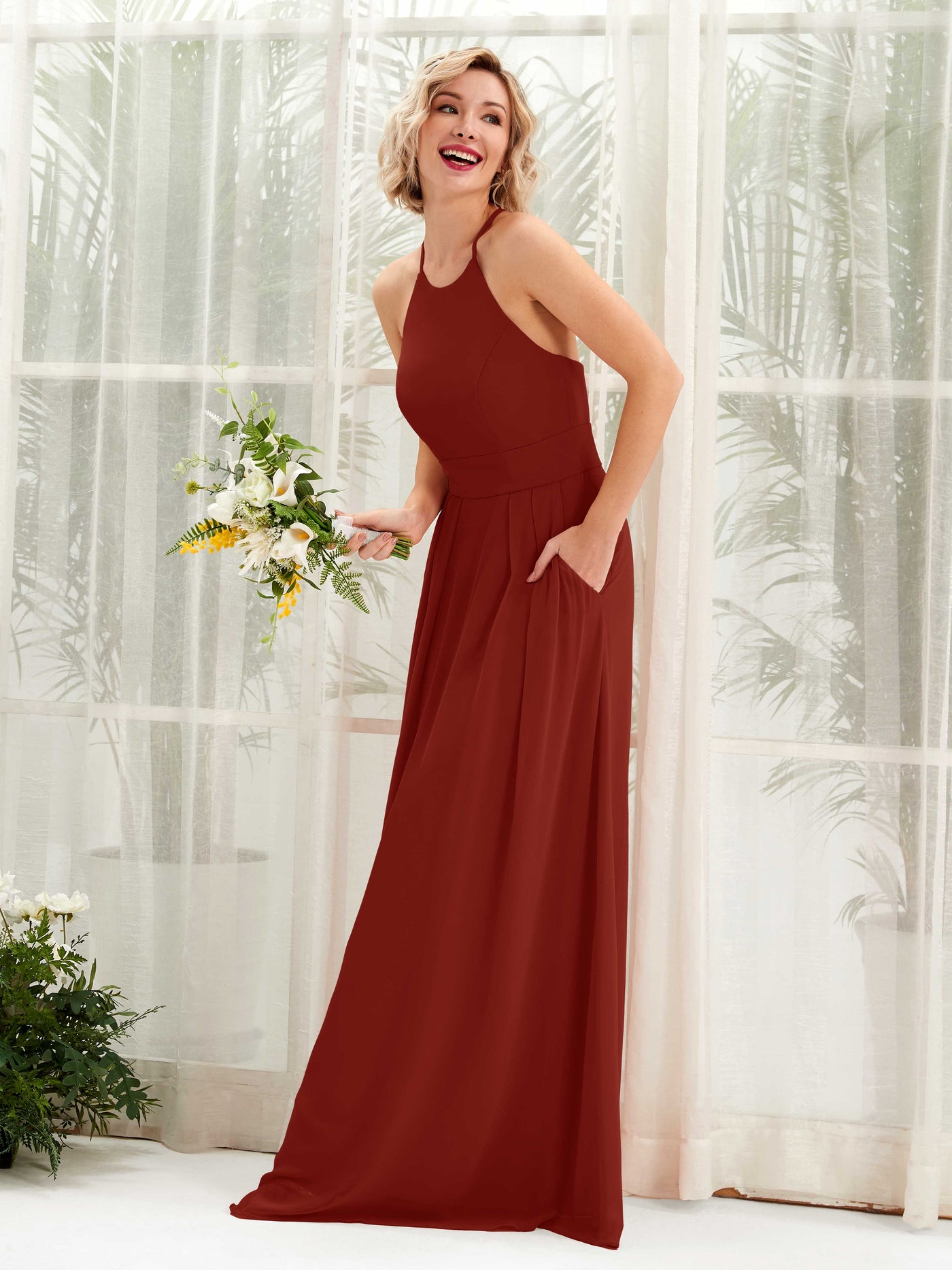 Carlyna Vestido Línea A Cuello Redondo Hasta el Suelo Bolsillos Dama de Honor Óxido #color_xido