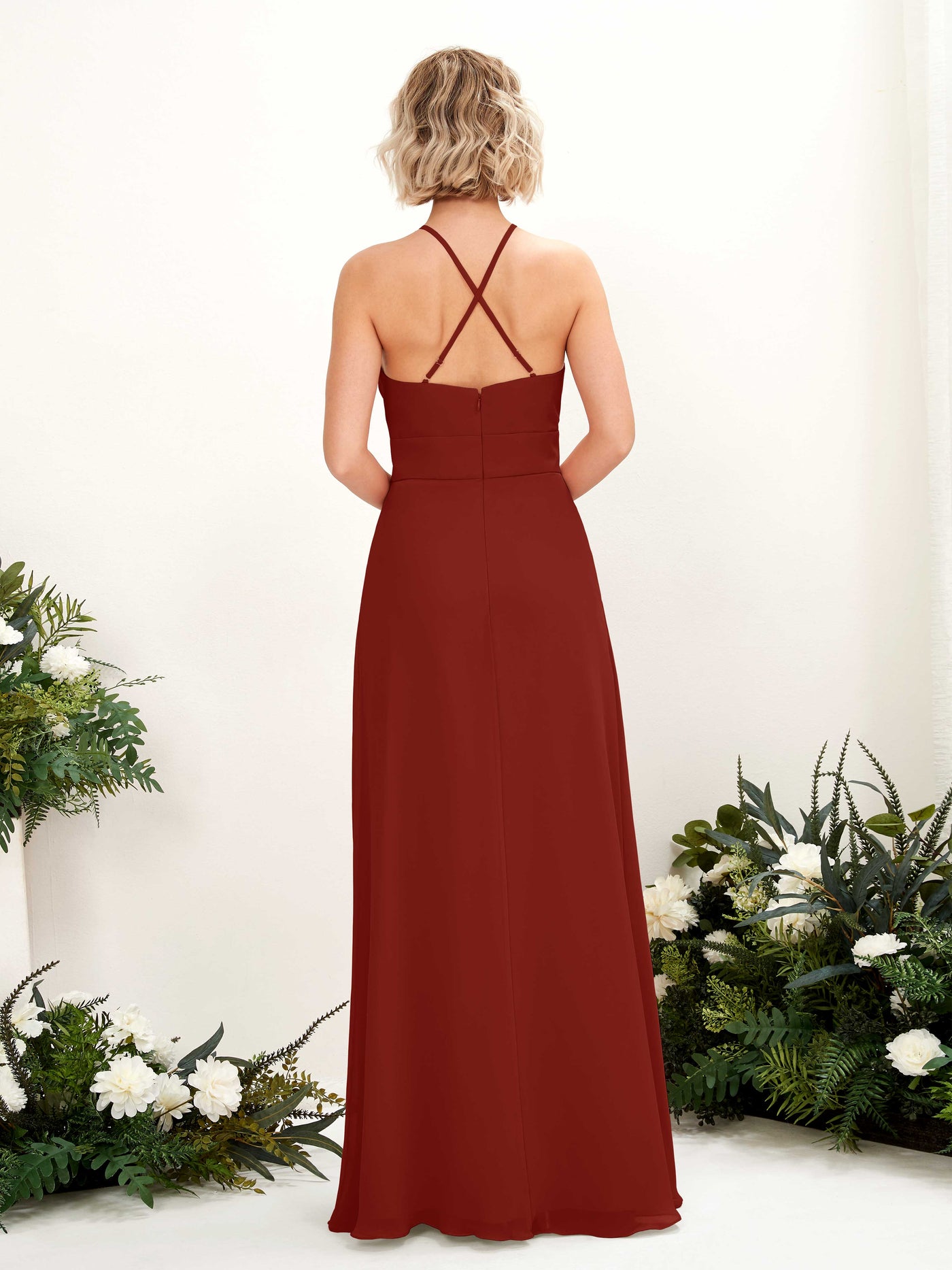 Carlyna Vestido Línea A Cuello Redondo Hasta el Suelo Bolsillos Dama de Honor Óxido #color_xido