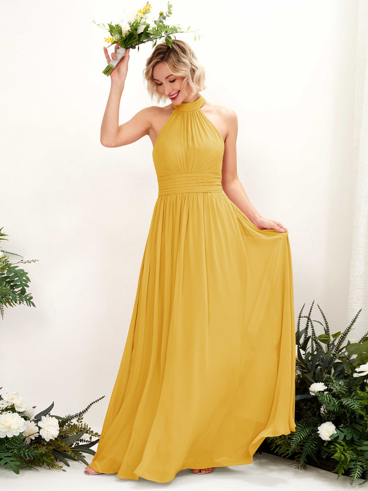 Carlyna Vestido Línea A Cuello Redondo Hasta el Suelo Dama de Honor Amarillo Mostaza 