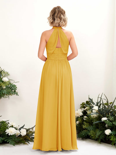 Carlyna Vestido Línea A Cuello Redondo Hasta el Suelo Dama de Honor Amarillo Mostaza #color_amarillo-mostaza