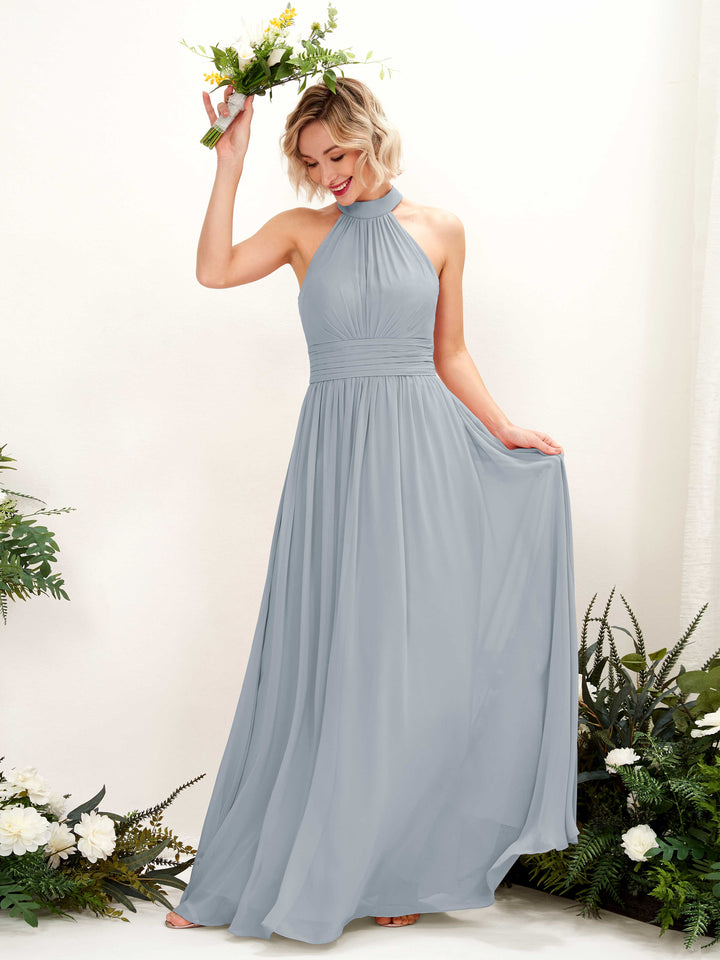 Carlyna Vestido Línea A Cuello Redondo Hasta el Suelo Dama de Honor Azul Empolvado Mejorado 