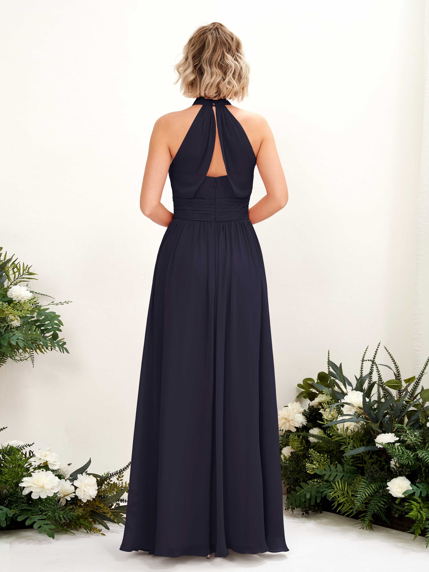 Carlyna Vestido Línea A Cuello Redondo Hasta el Suelo Dama de Honor Azul Marino Oscuro #color_azul-marino-oscuro