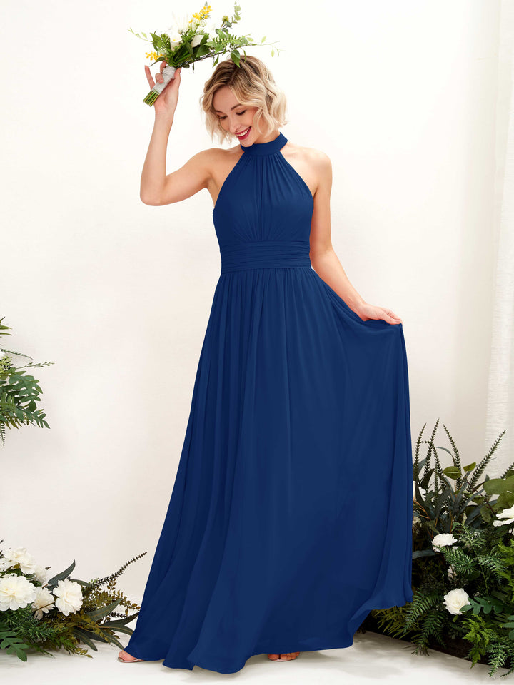 Carlyna Vestido Línea A Cuello Redondo Hasta el Suelo Dama de Honor Azul Real 