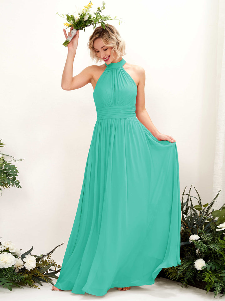 Carlyna Vestido Línea A Cuello Redondo Hasta el Suelo Dama de Honor Azul Tiffany 