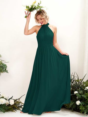 Carlyna Vestido Línea A Cuello Redondo Hasta el Suelo Dama de Honor Esmeralda Oscuro #color_esmeralda-oscuro