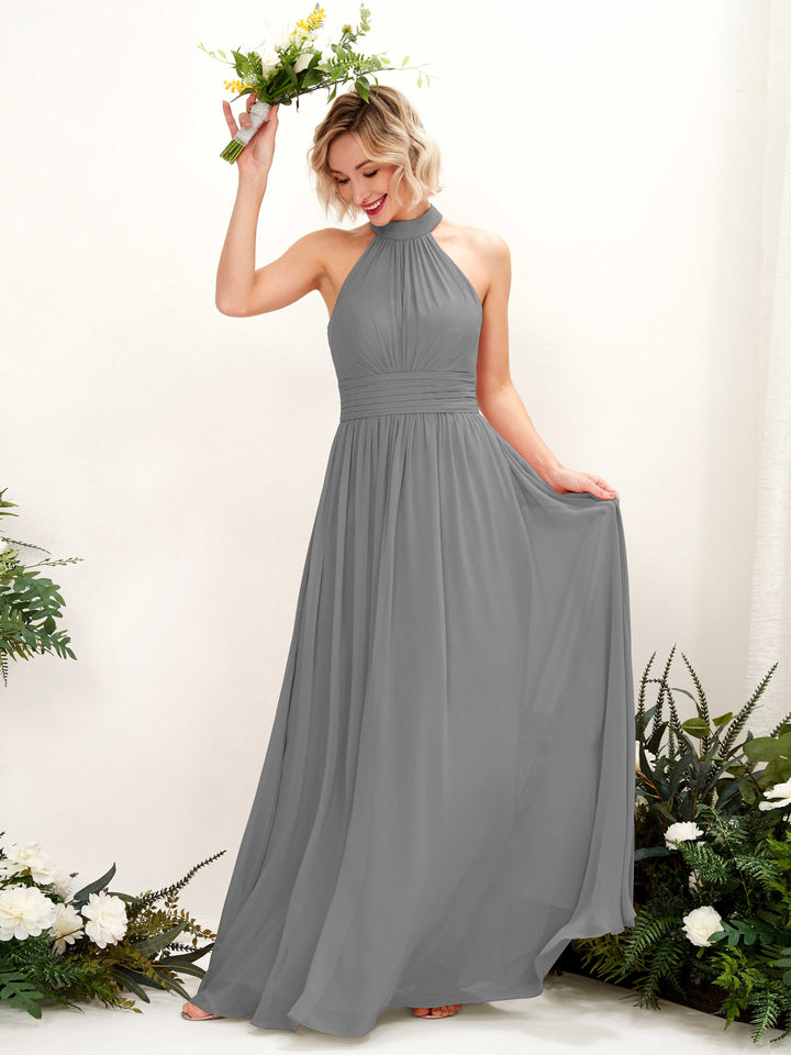 Carlyna Vestido Línea A Cuello Redondo Hasta el Suelo Dama de Honor Gris Acero 