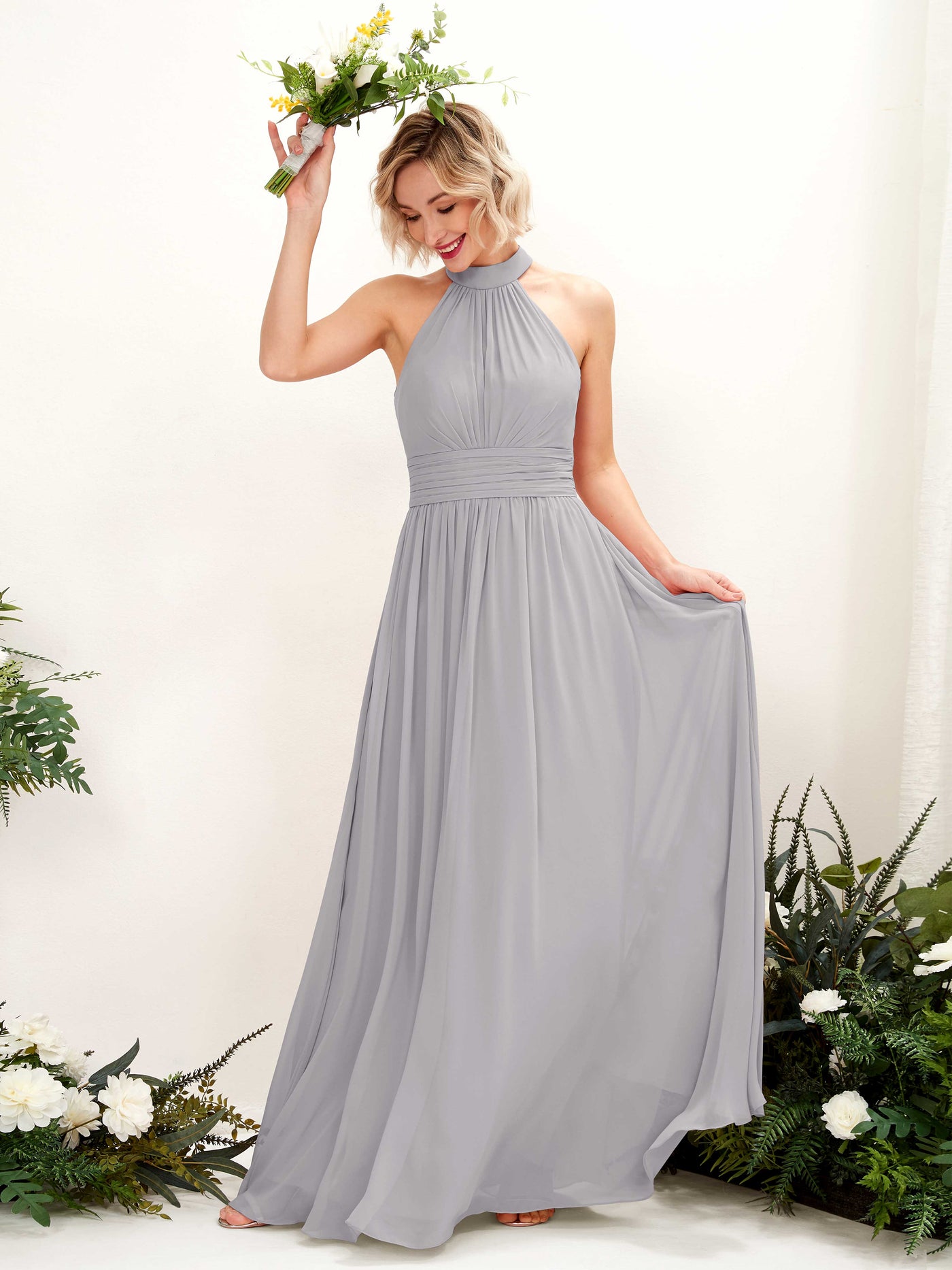 Carlyna Vestido Línea A Cuello Redondo Hasta el Suelo Dama de Honor Gris Paloma #color_gris-paloma