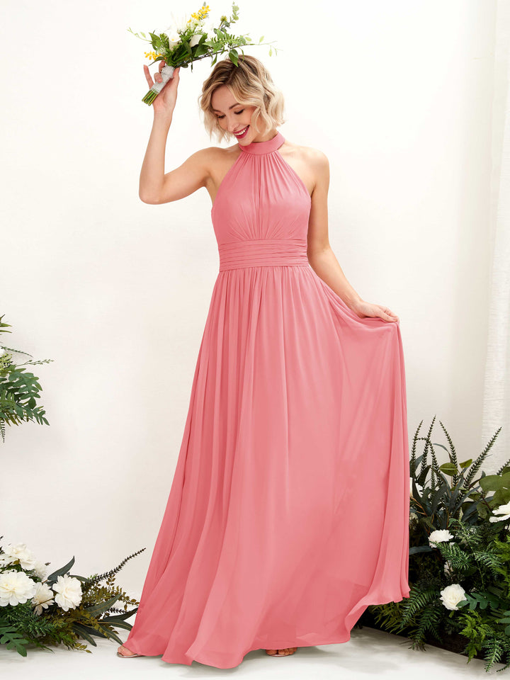Carlyna Vestido Línea A Cuello Redondo Hasta el Suelo Dama de Honor Rosa Coral 