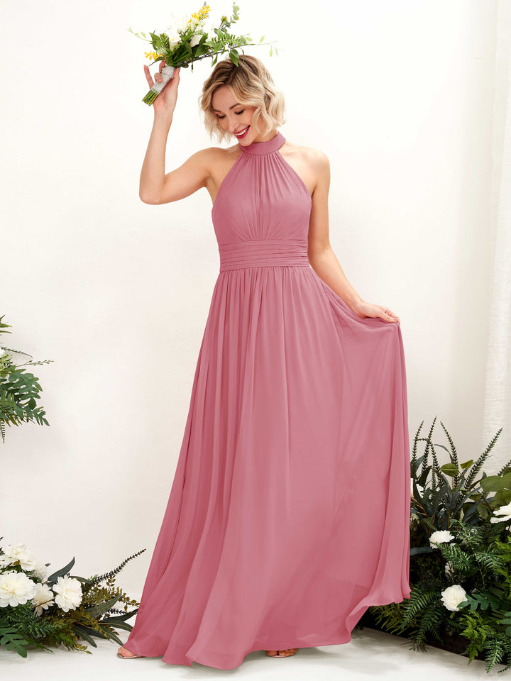 Carlyna Vestido Línea A Cuello Redondo Hasta el Suelo Dama de Honor Rosa Del Desierto 