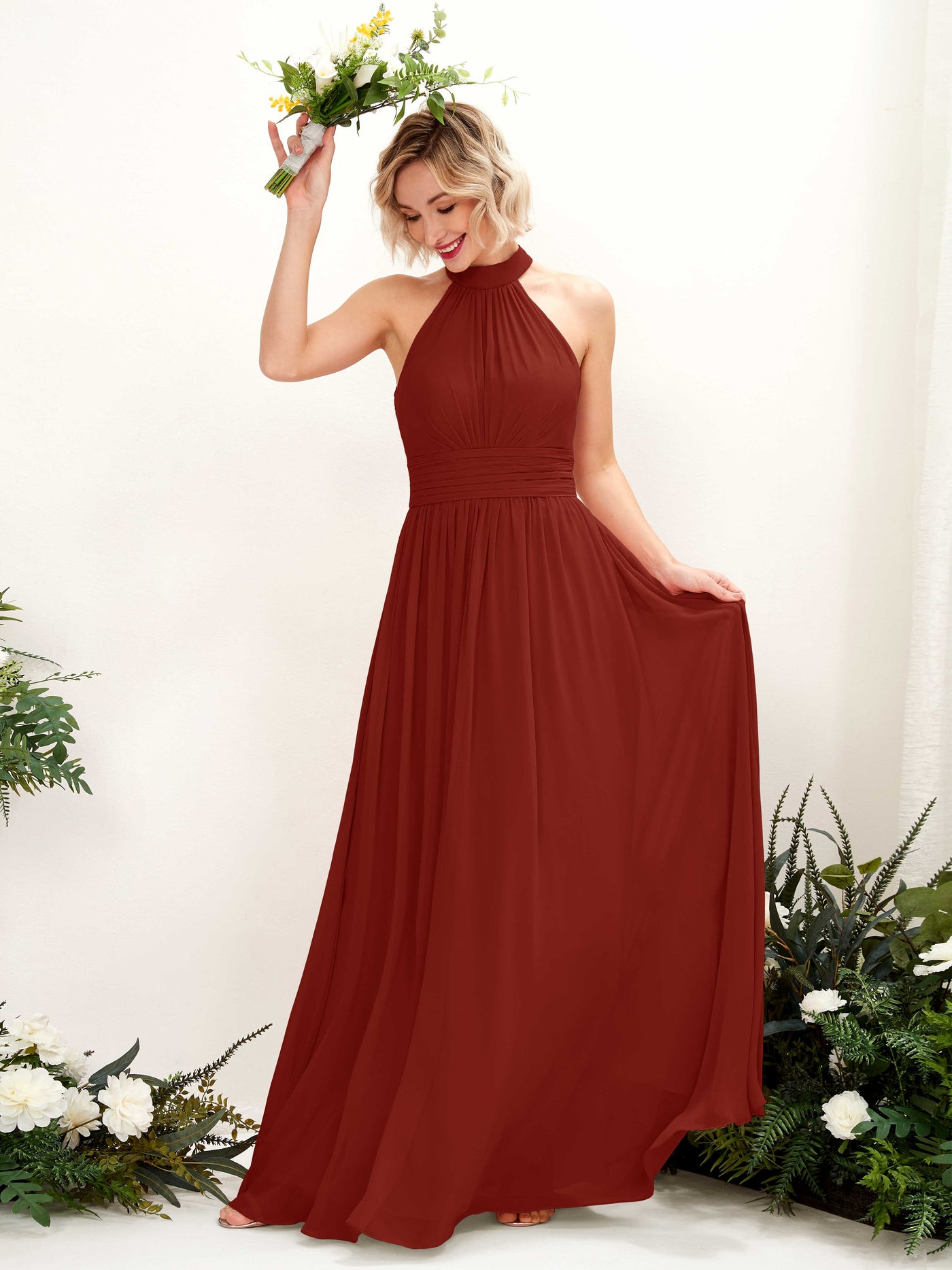Carlyna Vestido Línea A Cuello Redondo Hasta el Suelo Dama de Honor Óxido #color_xido