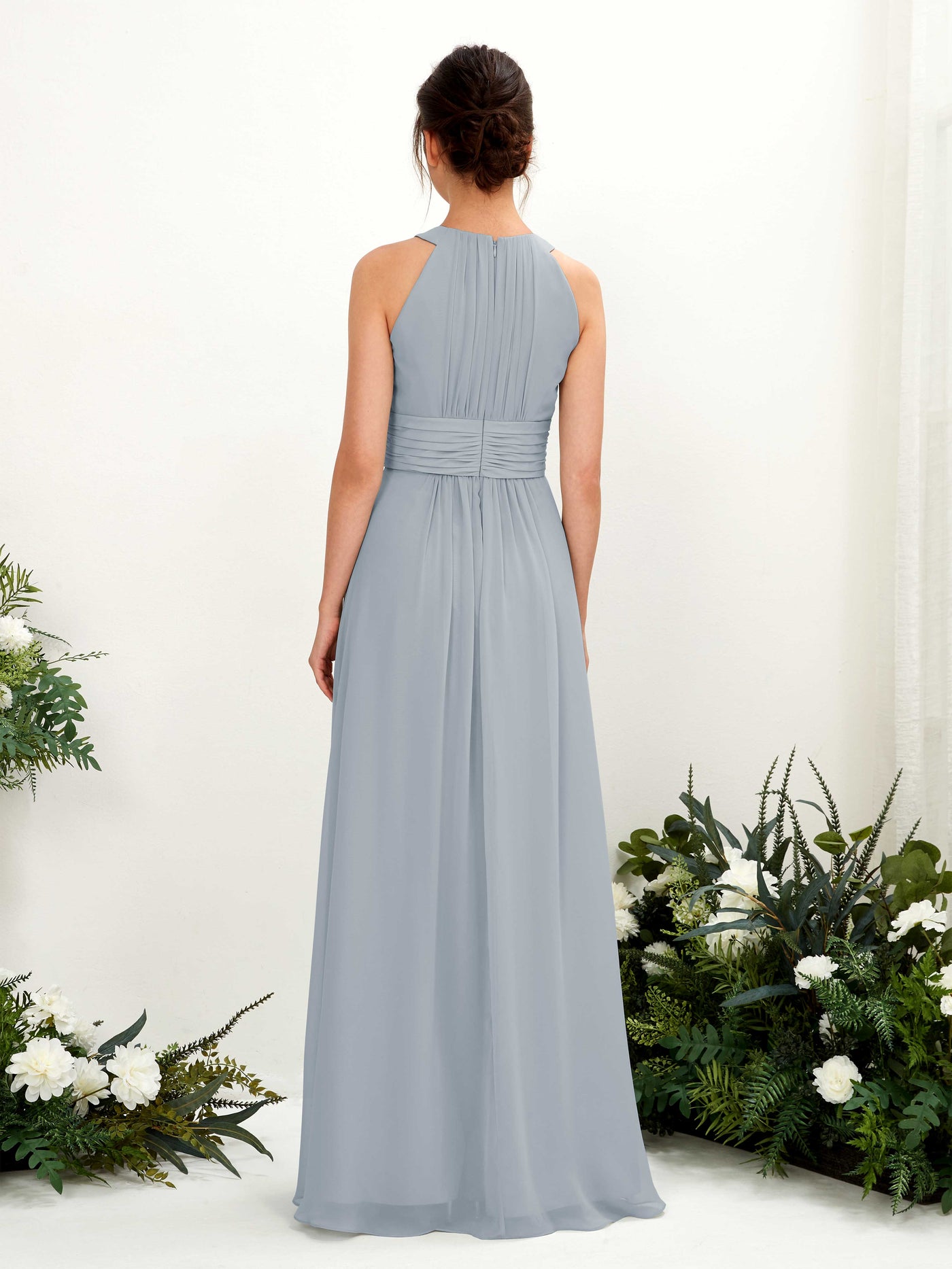 Carlyna Vestido línea A cuello redondo hasta el suelo fruncido dama de honor Azul Empolvado Mejorado #color_azul-empolvado-mejorado