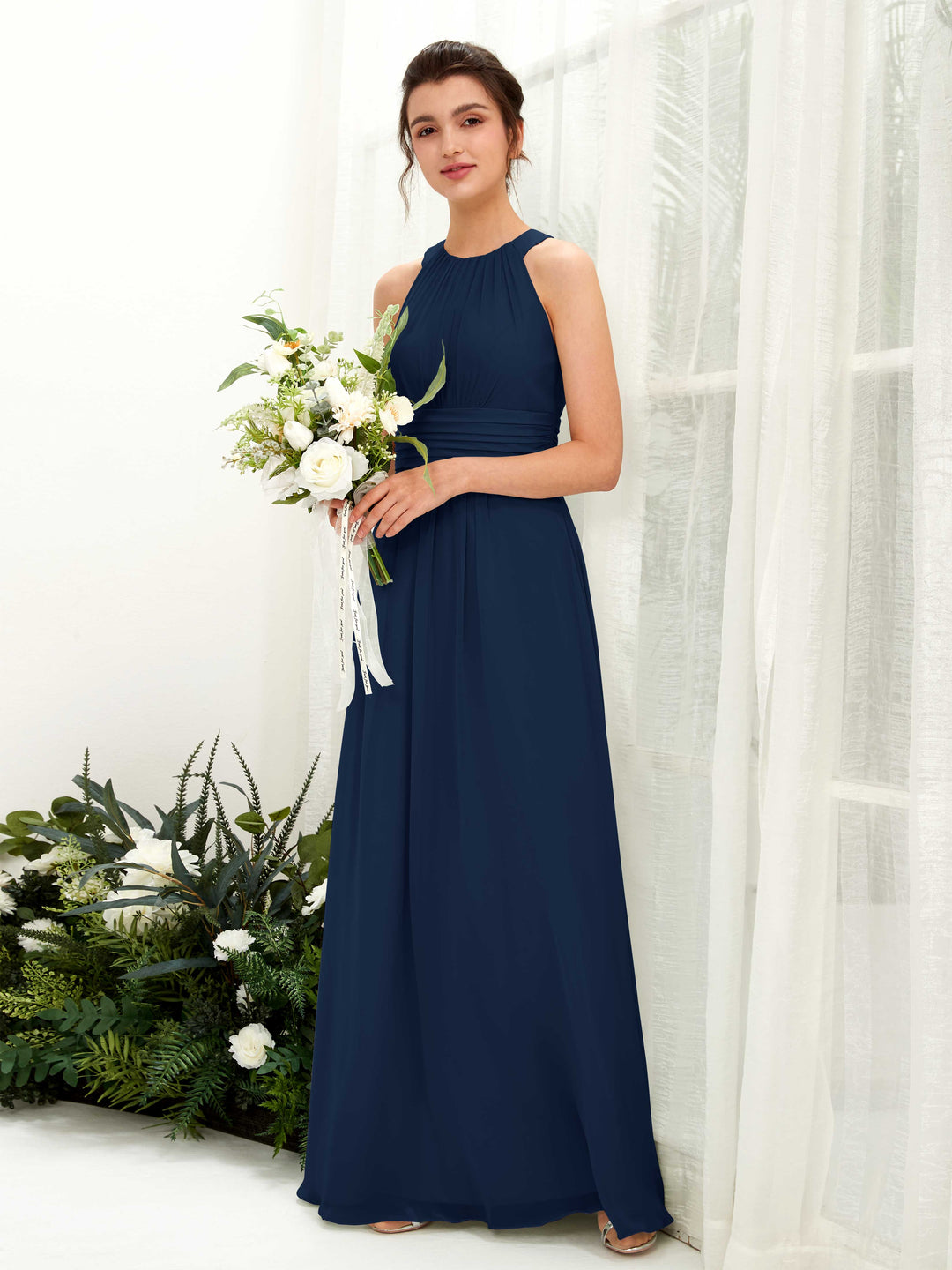 Carlyna Vestido línea A cuello redondo hasta el suelo fruncido dama de honor Azul Marino 