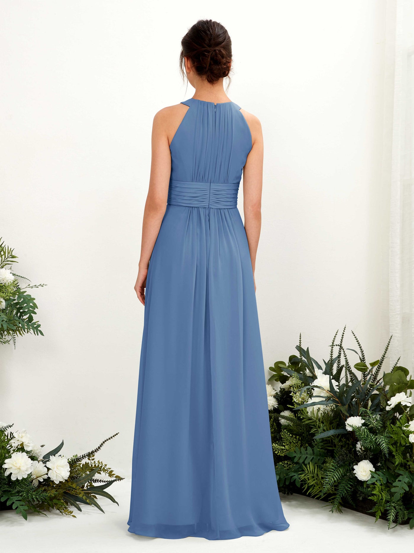 Carlyna Vestido línea A cuello redondo hasta el suelo fruncido dama de honor Azul polvoriento #color_azul-polvoriento