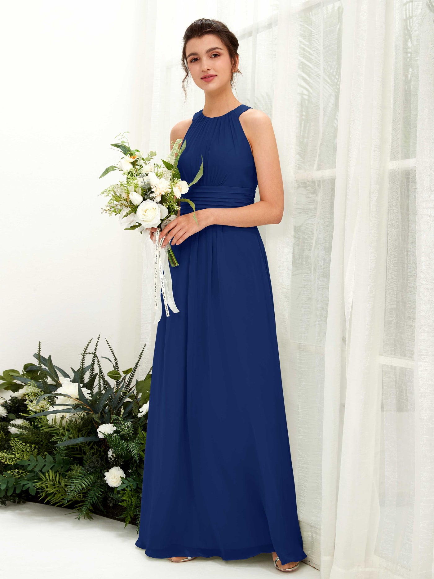Carlyna Vestido línea A cuello redondo hasta el suelo fruncido dama de honor Azul Real #color_azul-real