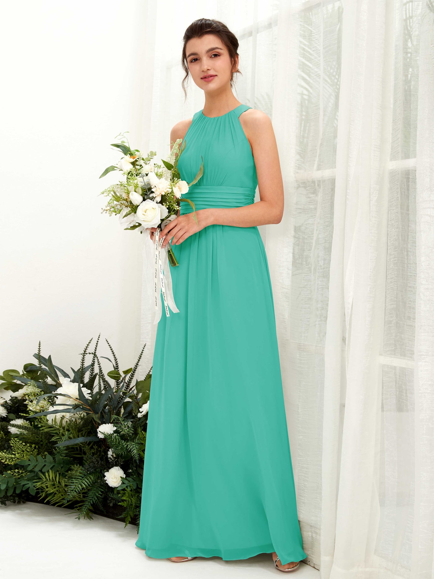 Carlyna Vestido línea A cuello redondo hasta el suelo fruncido dama de honor Azul Tiffany #color_azul-tiffany